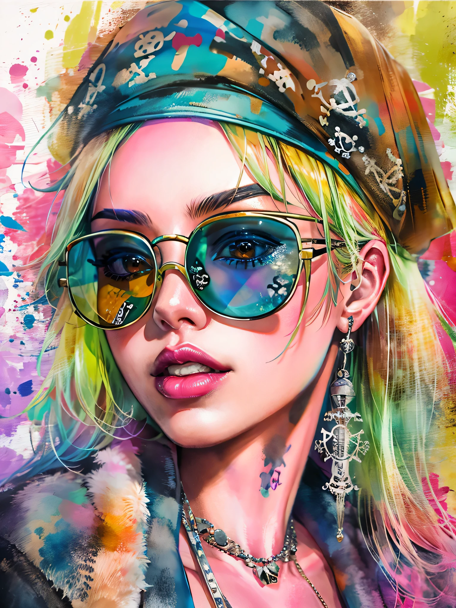 watercolor painting, 8K resolution、((highest quality))、((masterpiece))、((Super detailed))、(((most fashionable design)))、1 female、alone、incredibly absurd、 (((The most beautiful pirate girl of all time))), (((Stylish sunglasses))), lips in love, pirate bandana,neon、small breasts,、(((graffiti art))), colorful hair, provocative