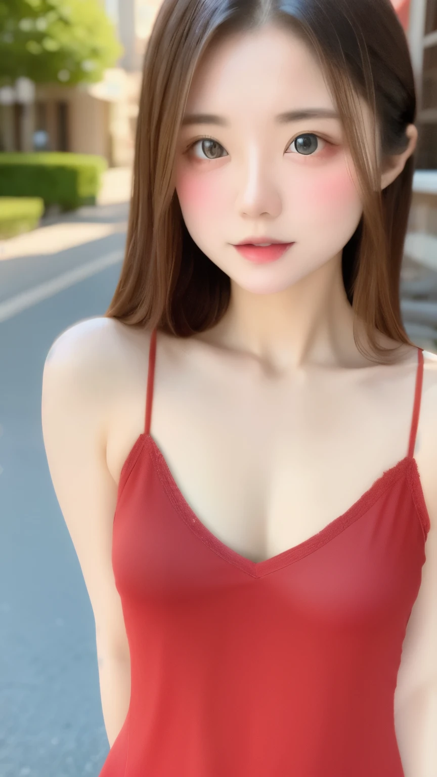 one girl、((smile:0.1))、pretty girl、brown hair、baby face、young、delicate girl、Upper body、small breasts、The navel is visible、unreasonable precision、Super detailed、camisole、completely flat、Honesty、thin arms, professional lighting, film grain, chromatic aberration, (Eye and face details:1.0), (Bokeh:1.1)、software:1.5)))、 highest quality, 8k, 14 years,