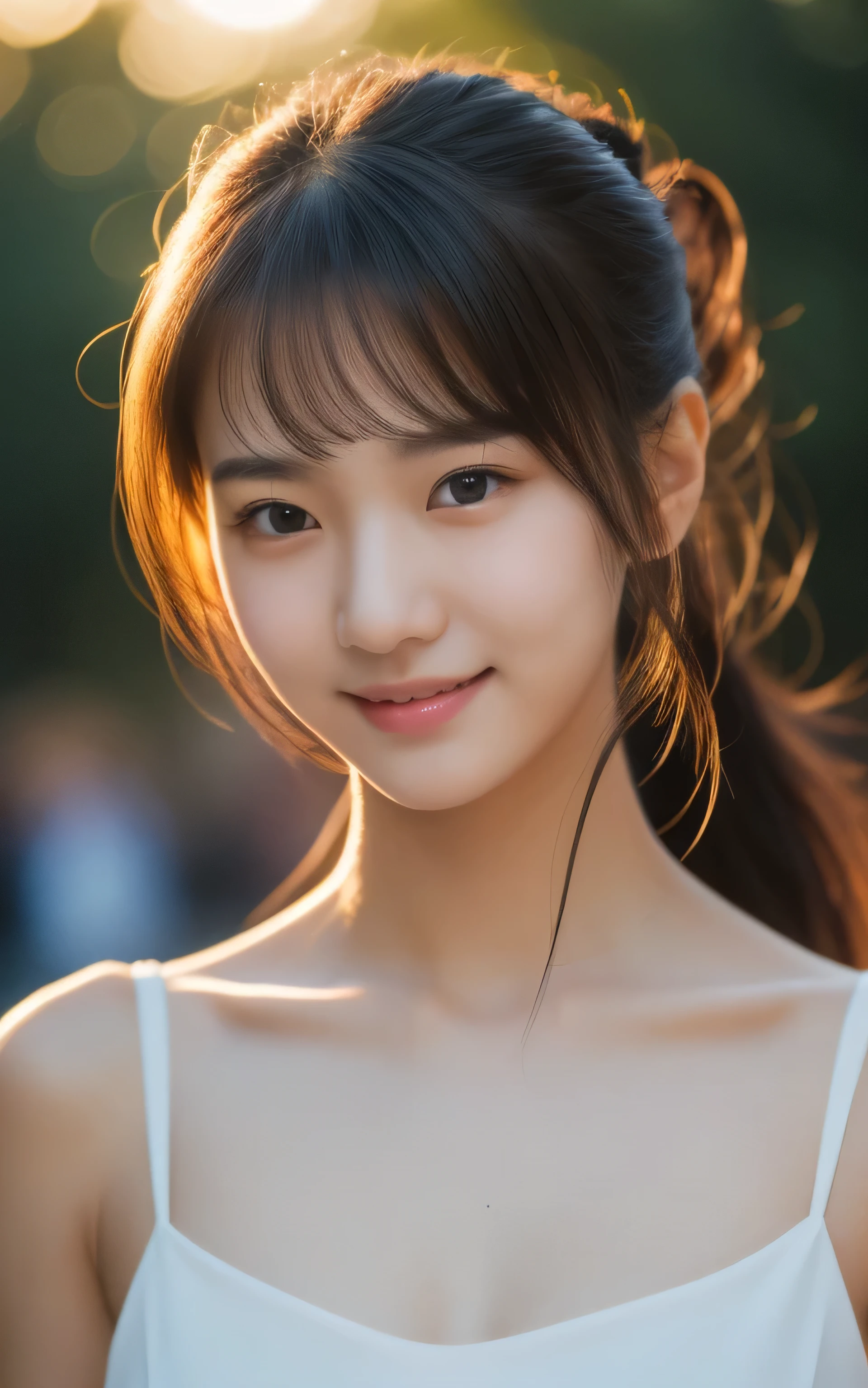 realistic photos of 1 cute Korean star, ponytail hair, white skin, thin makeup, 32 inch breasts size, slightly smile, wearing orange camisole, pants, in the japanese garden, sunset light, close-up portrait, UHD