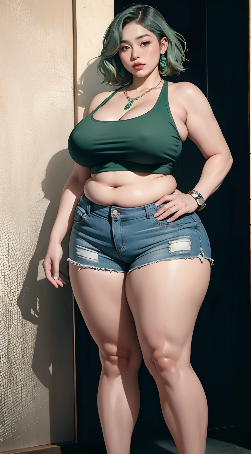 photorealistic, high resolution, soft light,1women, solo, wide hips, (detailed face),tattoo, jewelry, , , blue and green hair Color , (closeup), wide angle,, (busty), armpit , Slightly fat belly, large breasts, full body angle, 80 years old woman , thick thighs , thick arms , standing in dark rooms, short pants, wearing a three bracelet, wearing two diamond necklace , wearing a watch, wearing airmax shoes , japanese goddess, wavyshort hairstyle, fat belly, thick fat belly, thick wide hips, thick arm, bbwchan, massive arm, full body,