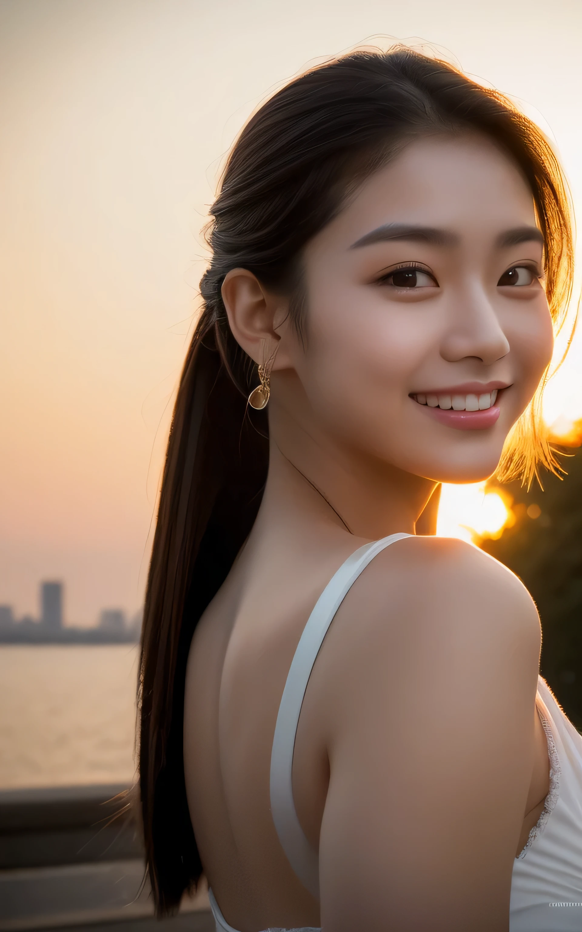((top quality、32k、A masterpiece of photography、ultra high resolution、Absolutely clear focus、focus eyes，Hasselblad photos))，1 real photography photo, 1 person，korean girl，18 years old，smile slightly，Super cute，ponytail hairstyle，((White skin))，Round shoulders，((Shapely waist))，Absolutely fine skin details，Absolutely detailed skin texture,，Light makeup，Bust 32 inches，(On crowded streets)，sunset light