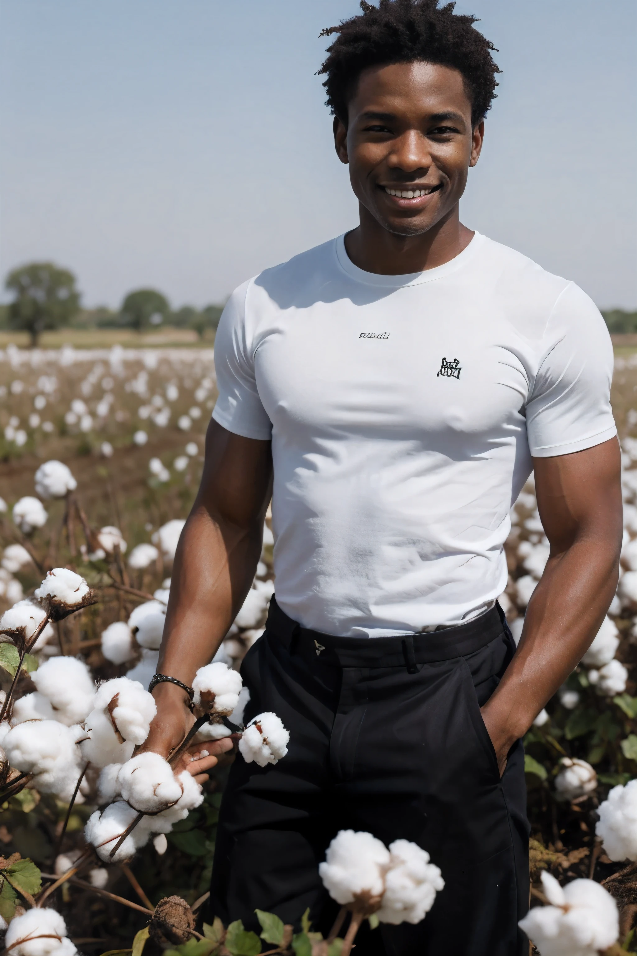 a black man named david working in a cotton field very muscular very black very white teeth