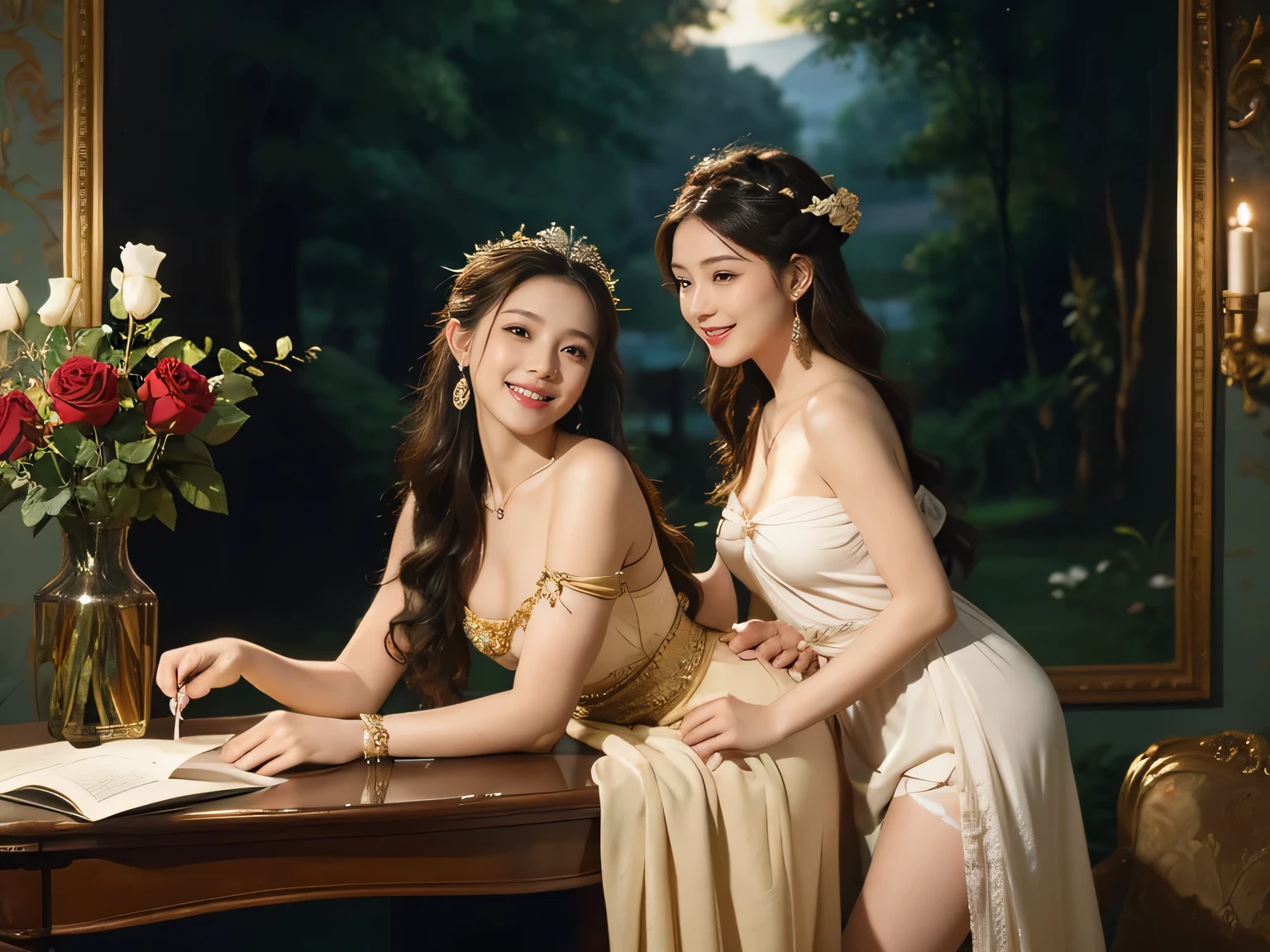 Giorgione painting style,Arguments of two female P、roses in vase、fruits、Cute trinkets、smile、ancient greek costume、Background is a forest lake at night 、Clothes that stretch your shoulders、A big smile、beautiful bare skin,Woman singing with sheet music