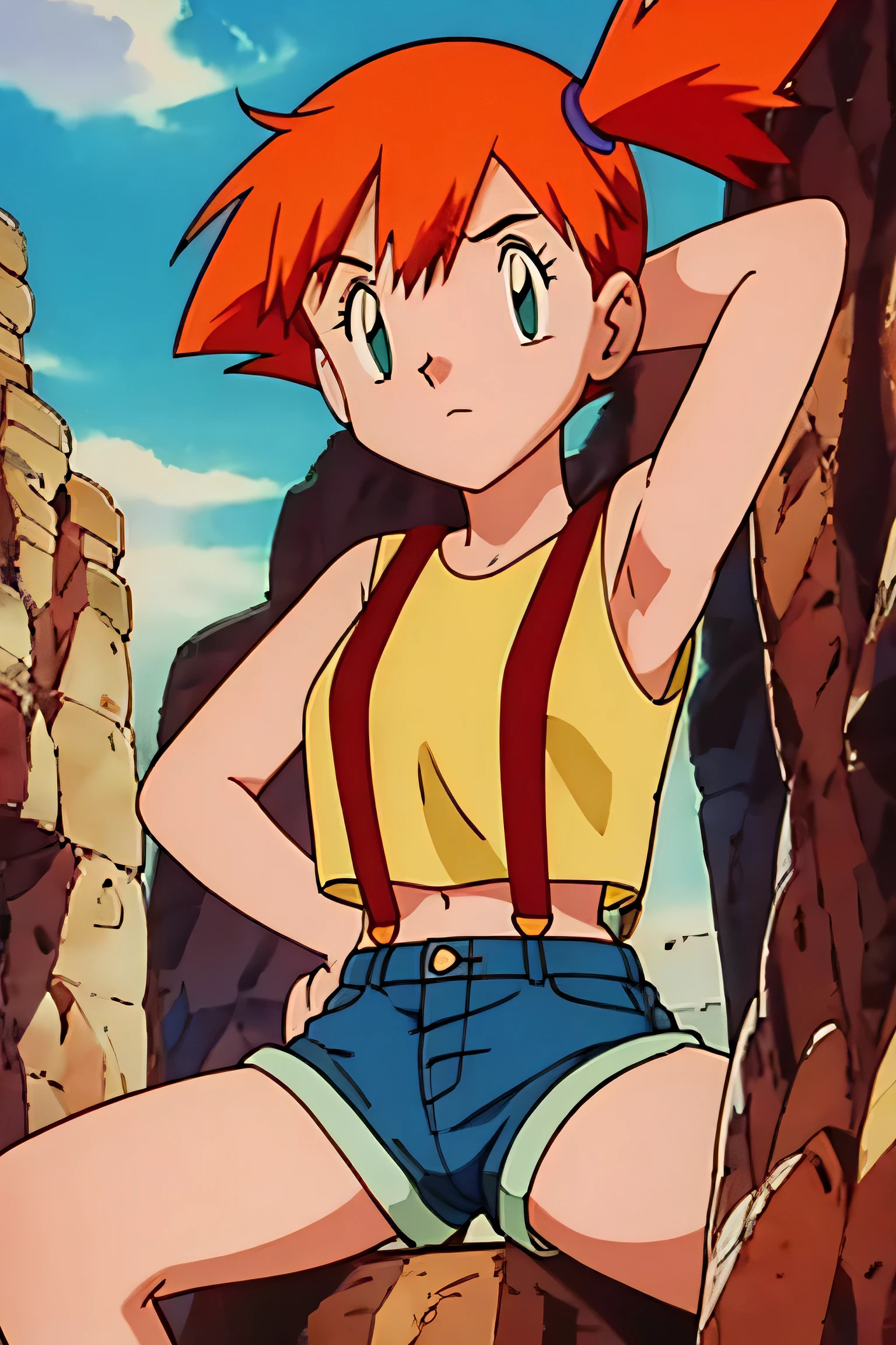 misty (pokemon), yellow shirt, sleeveless shirt, suspenders, denim shorts, sneakers, armpits, showing armpits, arms behind head, solo, masterpiece, 1girl