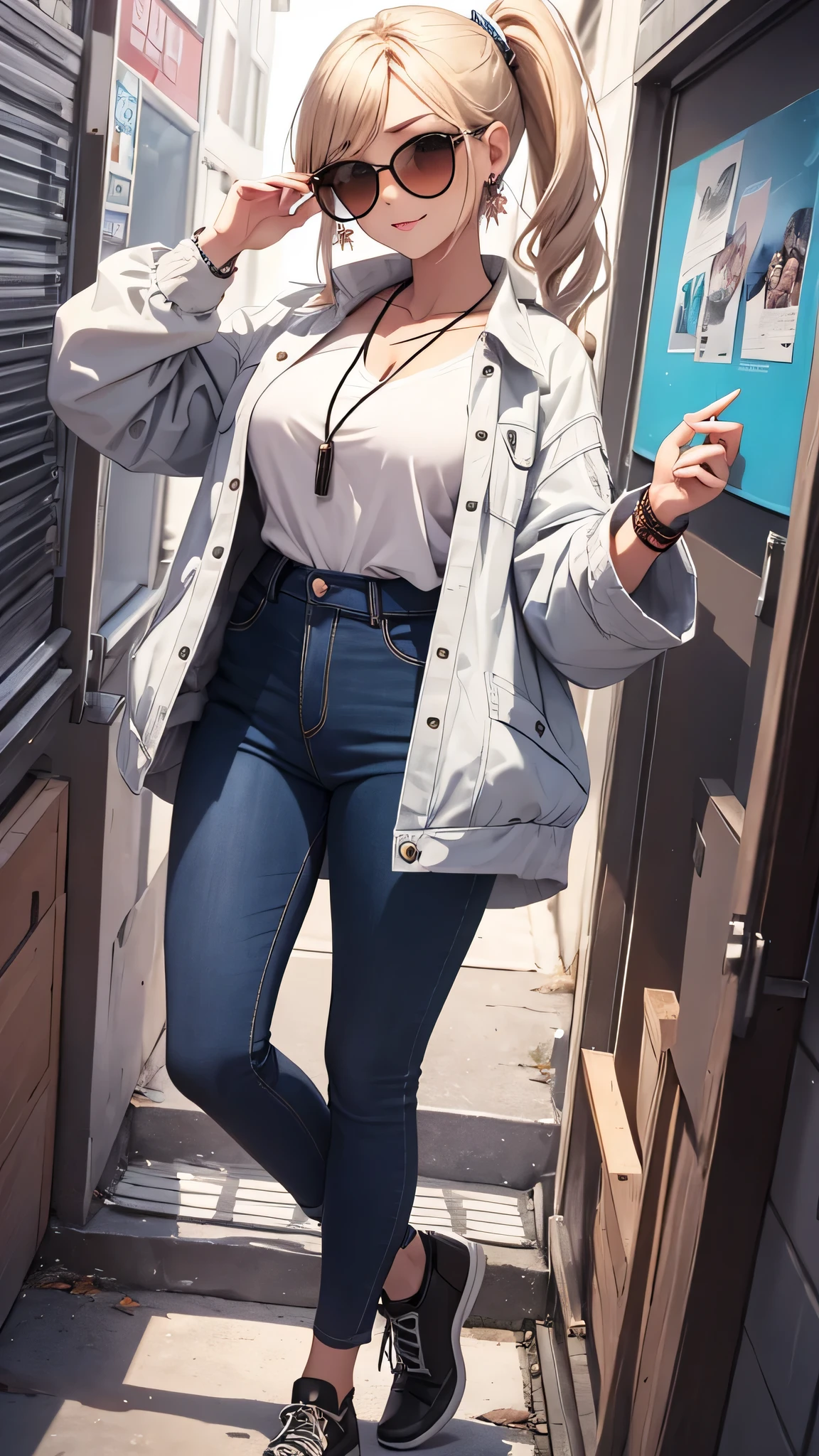 最high quality、best image quality、masterpiece、girl((20-year-old、 By becoming、vest bust、medium bust,wide open breast tea、shining eyes, blonde、long hair、thin,highest valley、ponytail、sunglasses、denim pants、white shirt、Jeans、smile、full body tattoo,diamond earrings、Wristband、necklace,bubble gum、selfie pose)),high quality、beautiful art、background((empty space))、Flight、debris flies、Depth of written boundary、movie、visual art、perfect art、8k,genuine、
