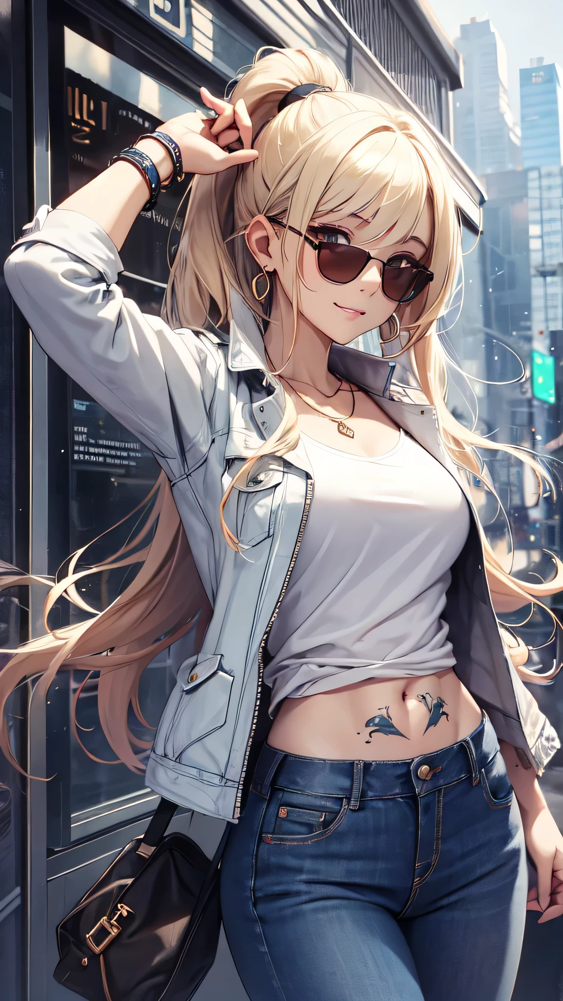 最high quality、best image quality、masterpiece、girl((20-year-old、 By becoming、vest bust、medium bust,wide open breast tea、shining eyes, blonde、long hair、thin,highest valley、ponytail、sunglasses、denim pants、white shirt、Jeans、smile、full body tattoo,diamond earrings、Wristband、necklace,bubble gum、selfie pose)),high quality、beautiful art、background((empty space))、Flight、debris flies、Depth of written boundary、movie、visual art、perfect art、8k,genuine、