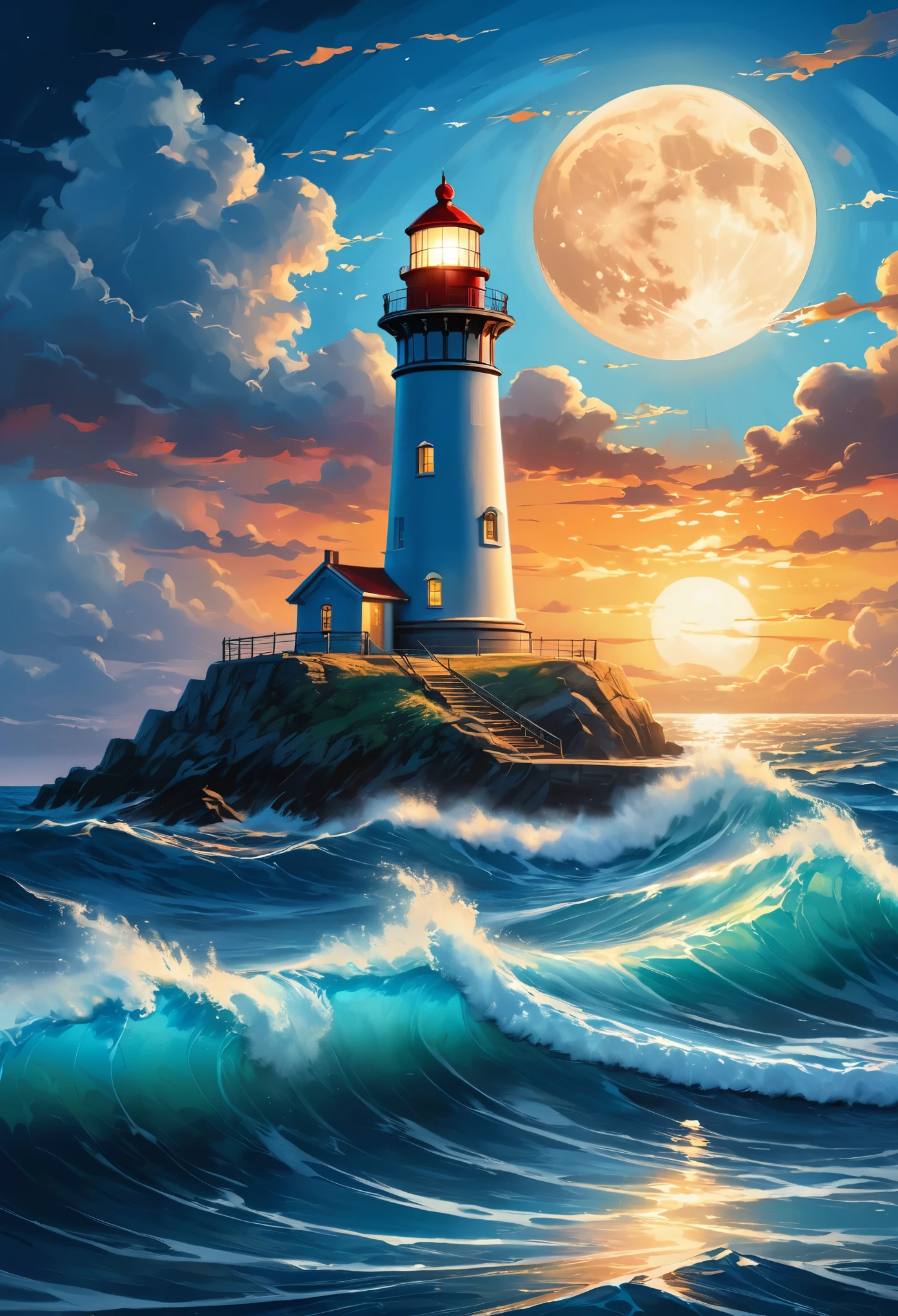 ,lighthouse in the center of the sea,nighttime,blue sky,oil painting style,depth,comic book,illustration,light reflection on the water,high waves,detailed clouds,starlit sky,bright moon,limited color palette,calm sea,artistic interpretation,peaceful atmosphere,(best quality,4k,8k,highres,masterpiece:1.2),ultra-detailed,(realistic,photorealistic,photo-realistic:1.37),HDR,UHD,studio lighting,ultra-fine painting,sharp focus,physically-based rendering,extreme detail description,professional,vivid colors,bokeh,portraits