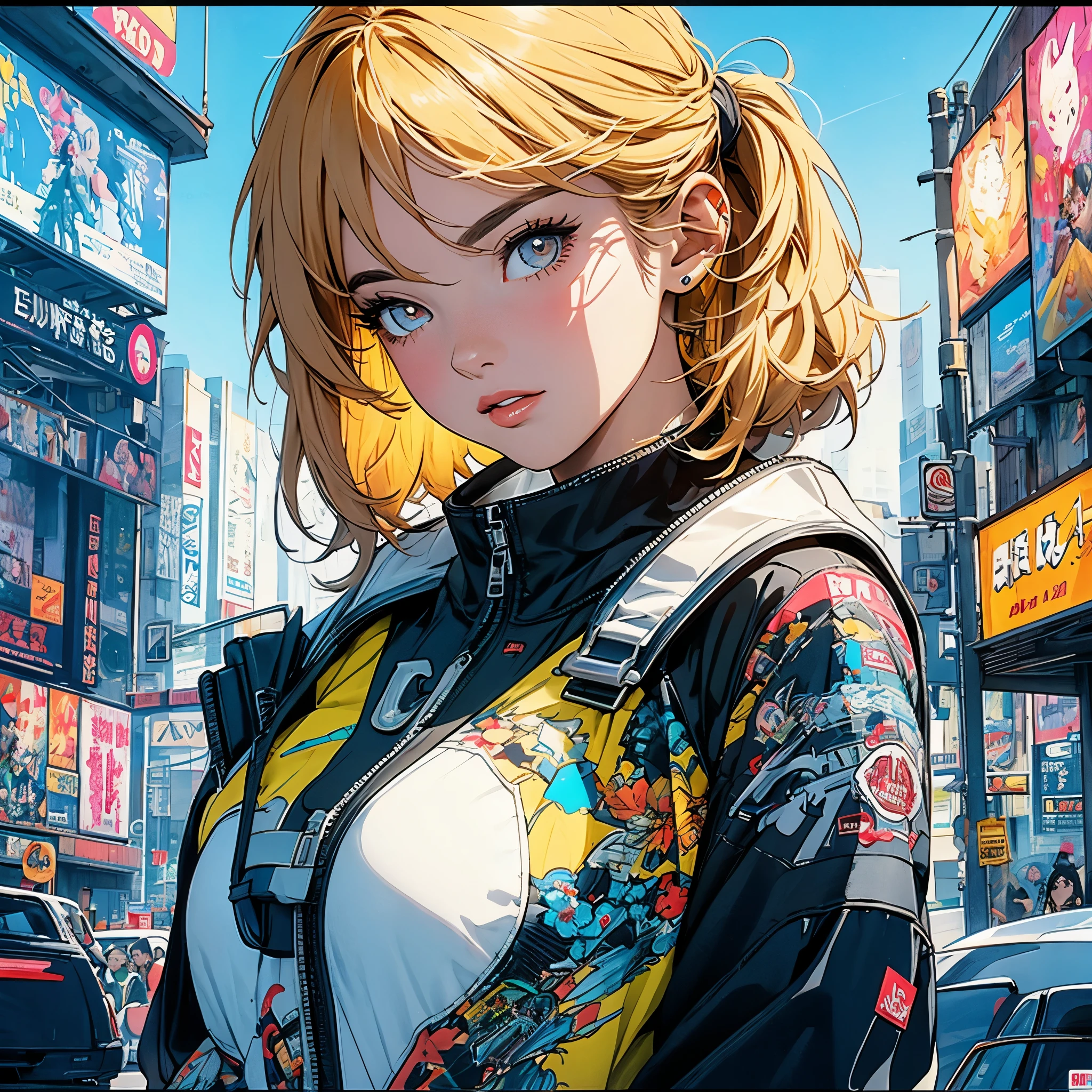 (masterpiece, highest quality), 32K,(highly detailed beautiful woman), poster,SF,1960s,1970s,bauhaus, shape, abstract,movie poster, vintage,retro,futuristic anime,ultimate map,highlight,highly detailed glowing eyes,cleavage,complicated pattern,Stylish hairstyle,fluorescence((yellow clothes)),Starry Sky,Cyberpunk street fashion