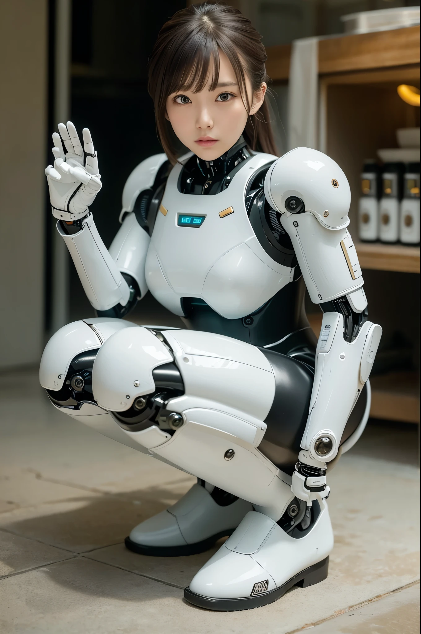 masterpiece, best quality, extremely detailed, Japanese android girl,Plump,control panels,Squat,Mechanical Hand,Robot arms and legs, black sponge joints,blunt bangs,white robot body,ceramic body,jockey boots,perfect cyborg girl,charging spot,She is charging now, blue eyes