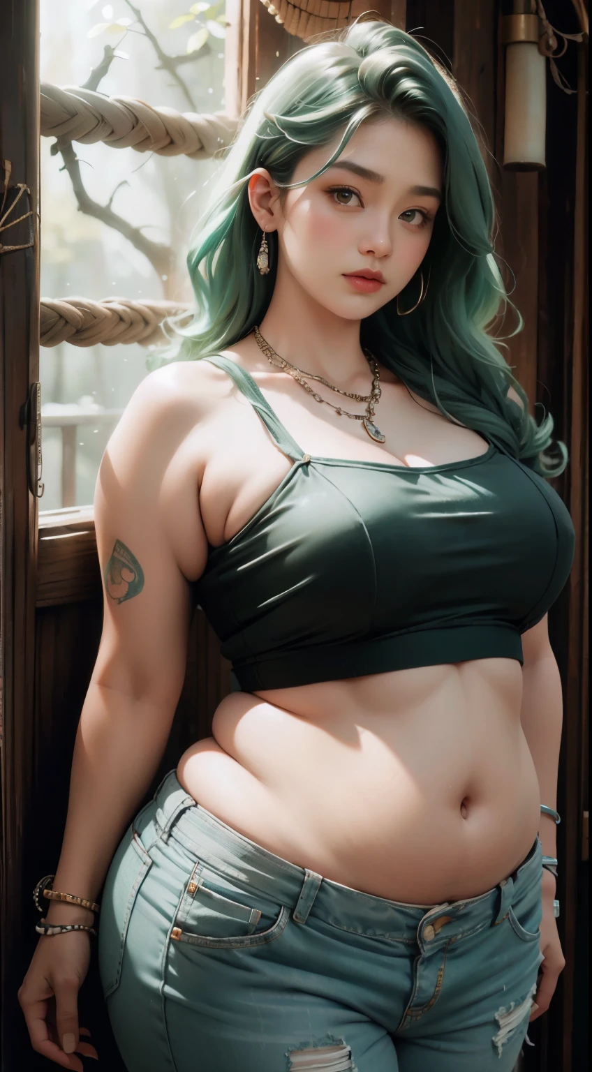 photorealistic, high resolution, soft light,1women, solo, wide hips, (detailed face),tattoo, jewelry, , , blue and green hair Color , (closeup), wide angle,, (busty), armpit , Slightly fat belly, large breasts, full body angle, 40 years old woman , thick thighs , thick arms , standing in dark rooms, short pants, wearing a three bracelet, wearing two diamond necklace , wearing a watch, wearing airmax shoes , japanese goddess, wavyshort hairstyle, fat belly, thick fat belly, thick wide hips, thick arm, bbwchan, massive arm, full body,