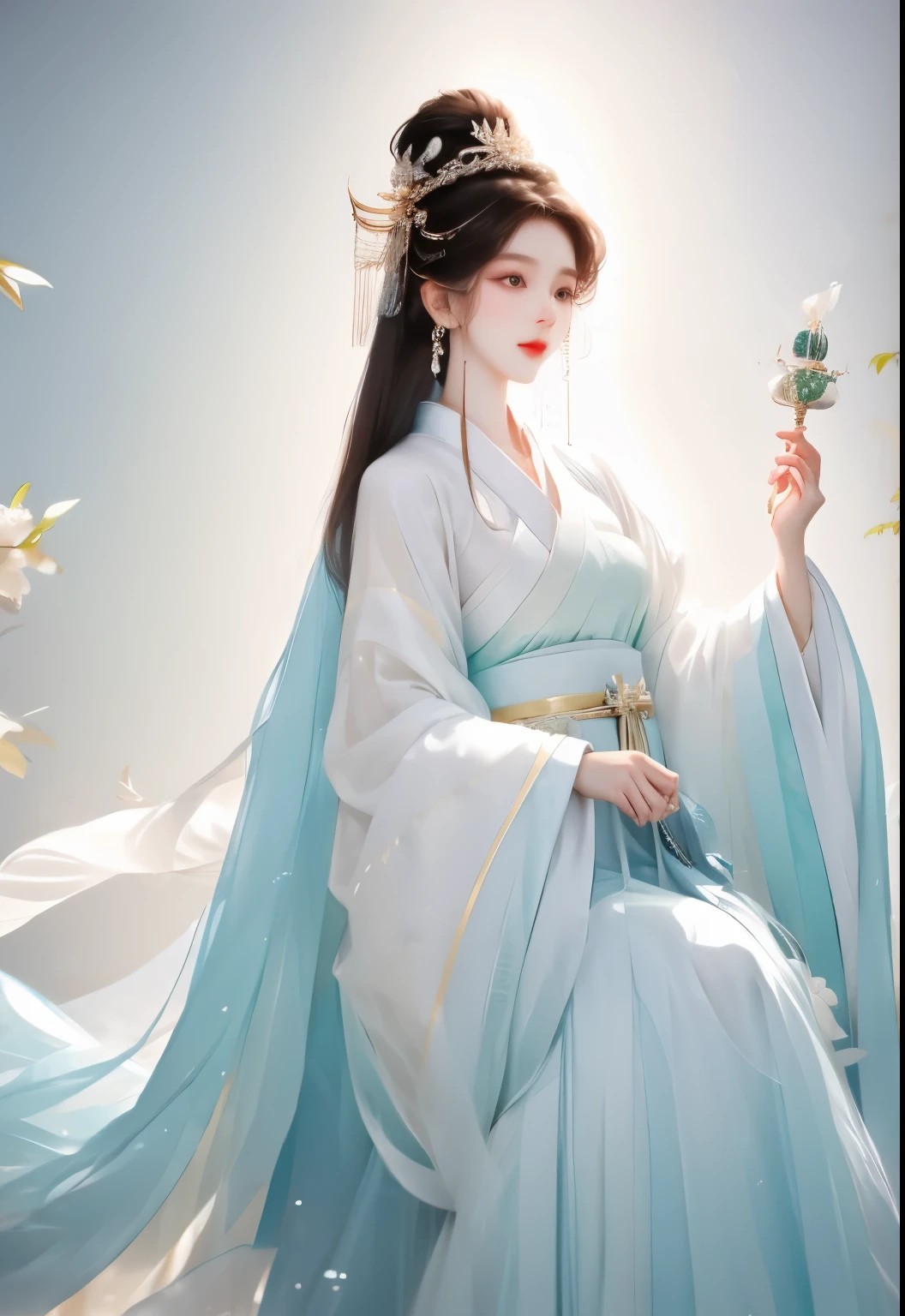 Close-up of a woman wearing a skirt and headdress, palace ， girl wearing hanfu, ((beautiful fantasy queen)), , guweiz, Gurwitz style artwork, beautiful figure painting, ancient chinese princess, Inspired by Qiu Ying, Hungry Ghost Festival, chinese princess
