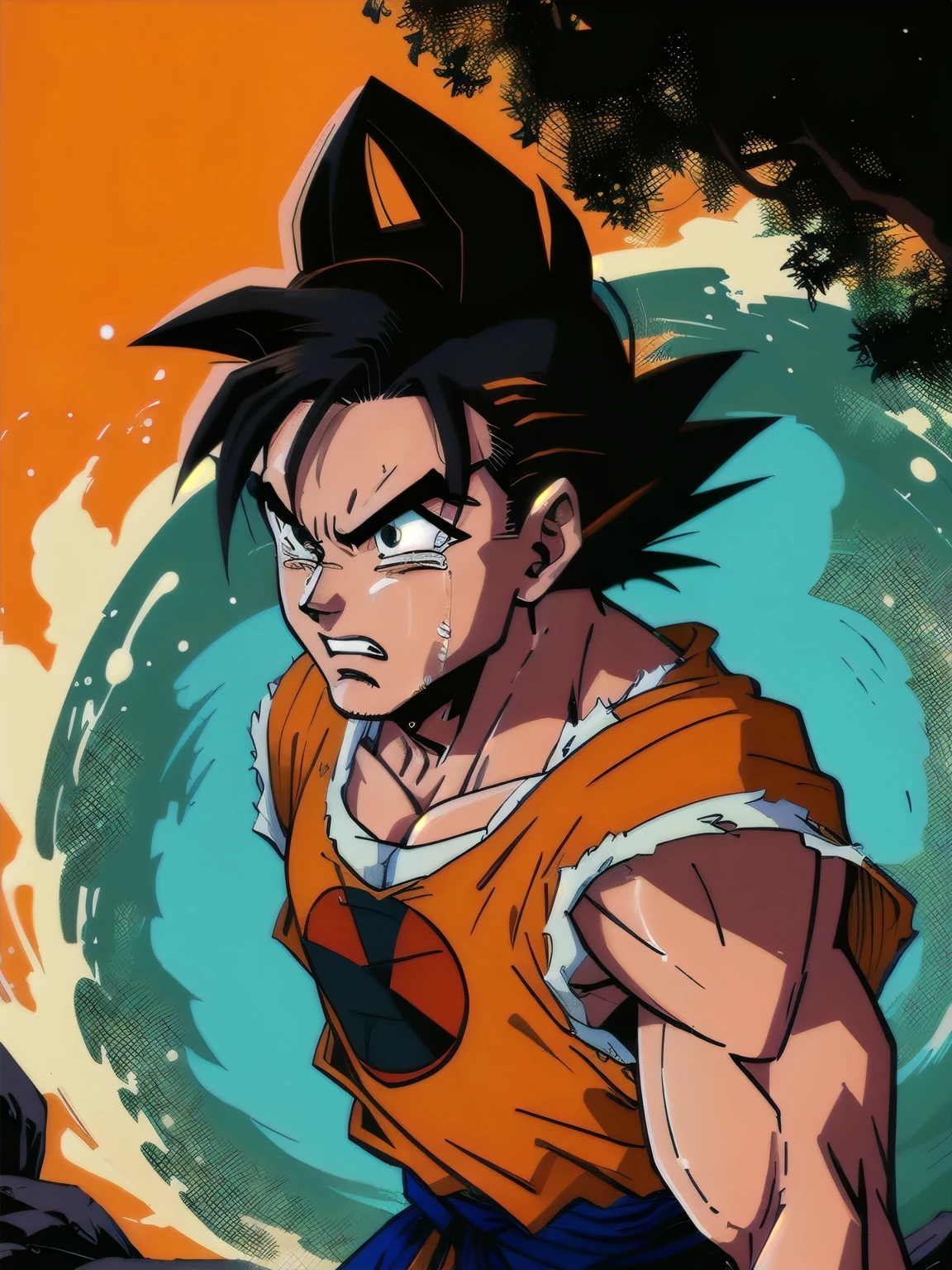 (masterpiece), best quality, ultra-detailed, Goku from Dragon Ball Z with spiky black hair, wearing orange clothes, Retro style, crying