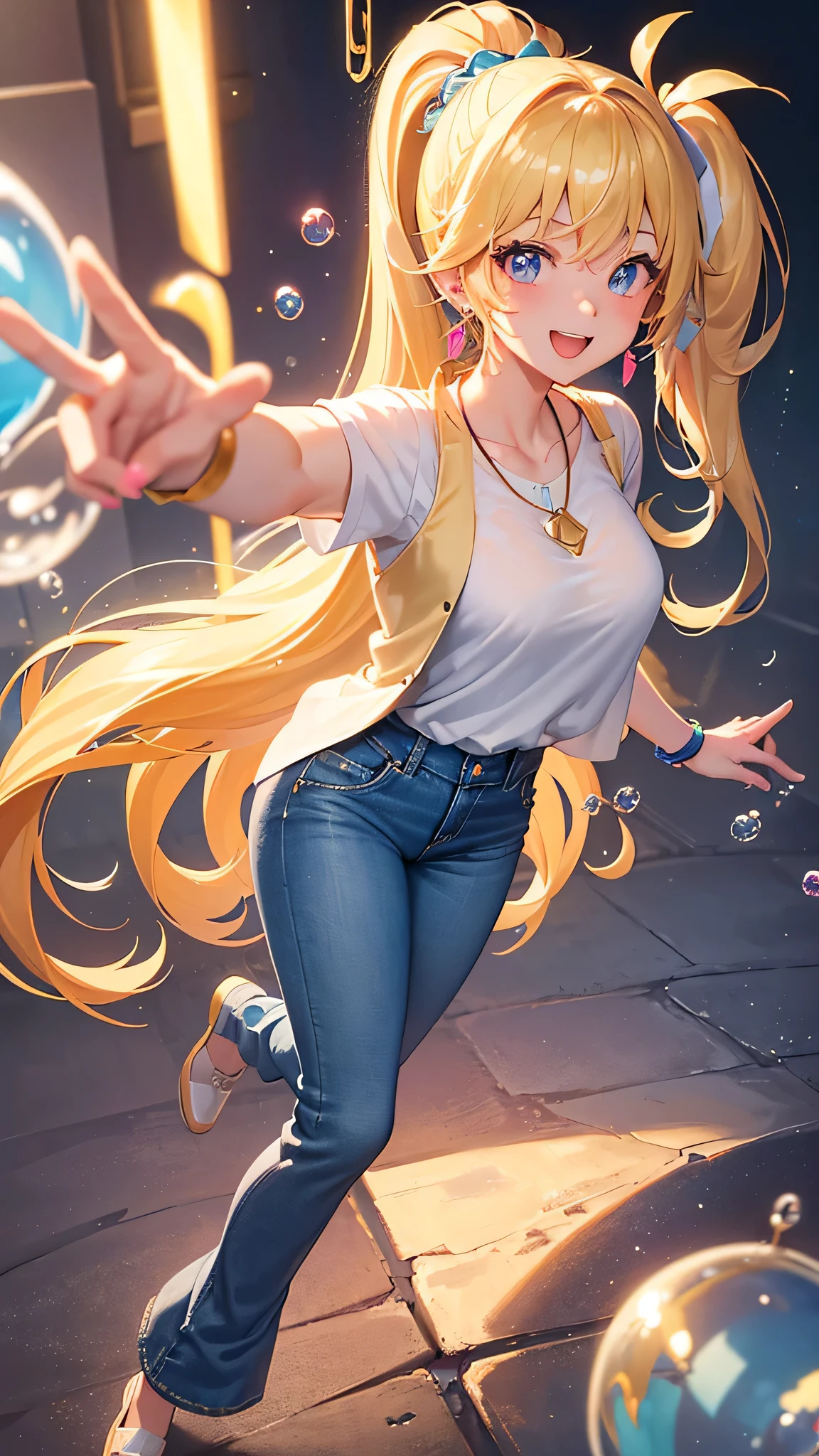 最high quality、best image quality、masterpiece、girl((20-year-old、 By becoming、vest bust、medium bust,wide open breast tea、shining eyes, blonde、long hair、thin,highest valley、ponytail、sunglasses、denim pants、white shirt、Jeans、smile、full body tattoo,diamond earrings、Wristband、necklace,bubble gum、selfie pose)),high quality、beautiful art、background((empty space))、Flight、debris flies、Depth of written boundary、movie、visual art、perfect art、8k,genuine、