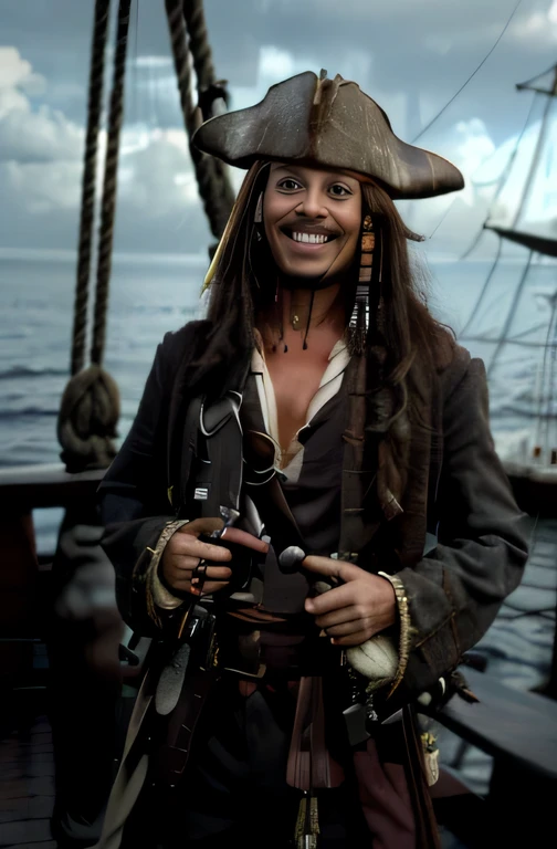 pirate with a playful face, Smile with Teeth, Masterpiece, (photorealist: 1.5), Jack Sparrow, Brown hair, long sleeve, weapon, male focus, on the deck of a ship, ocean, rope, a gun, beard, High detail, sharp focus, Best quality, complex parts, (detailed face, detailed clothing) Beautiful lighting, real life