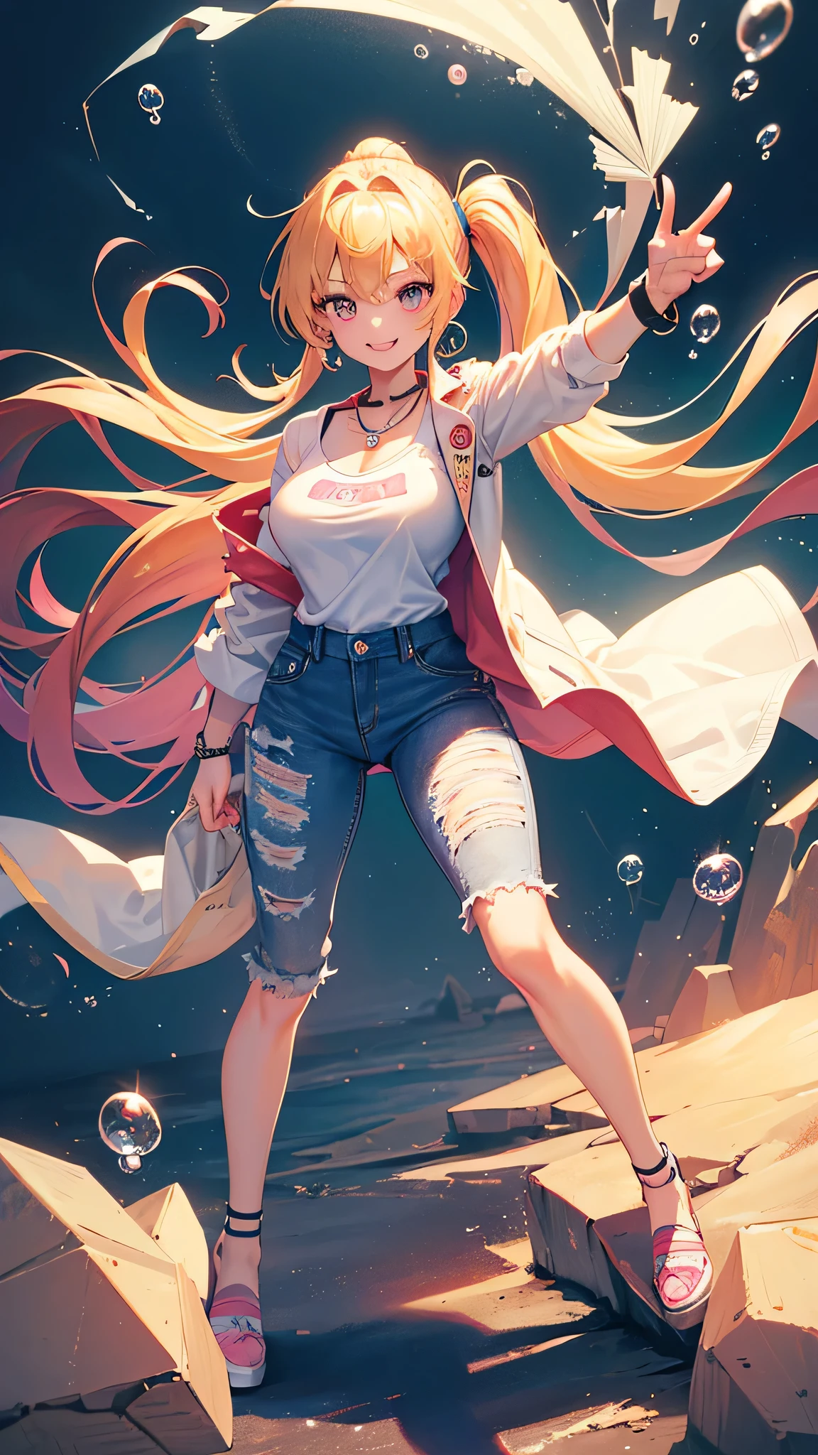 最high quality、best image quality、masterpiece、girl((20-year-old、 By becoming、vest bust、medium bust,wide open breast tea、shining eyes, blonde、long hair、thin,highest valley、ponytail、sunglasses、denim pants、white shirt、Jeans、smile、full body tattoo,diamond earrings、Wristband、necklace,bubble gum、selfie pose)),high quality、beautiful art、background((empty space))、Flight、debris flies、Depth of written boundary、movie、visual art、perfect art、8k,genuine、