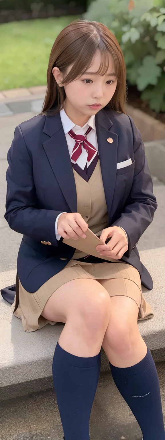 A woman wearing a blue jacket and black stockings is sitting on a bench, stockings and skirt, wearing a strict suit, wearing a strict business suit, wearing a skirt and high socks, mayuri shiina, surreal , girl in uniform, in a strict suit, sakimichan, 日本の女の子uniform of, wearing principal&#39;uniform of