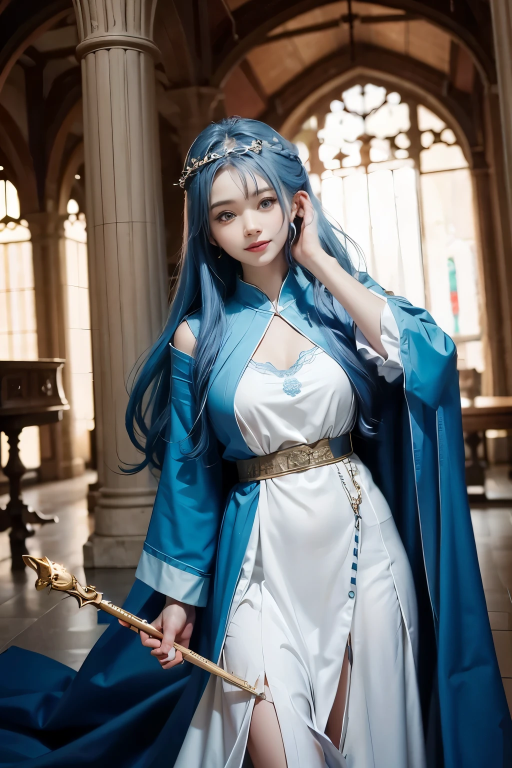 model shoot, (1 girl), long hair, blue hair, Islamic warrior, blue outfit, laces, shining:1.5, hyper realistic, super detailed, Dynamic shot, masterpiece, scene sharp détails, perfect eyes, perfect skin, perfect hands, sitting,