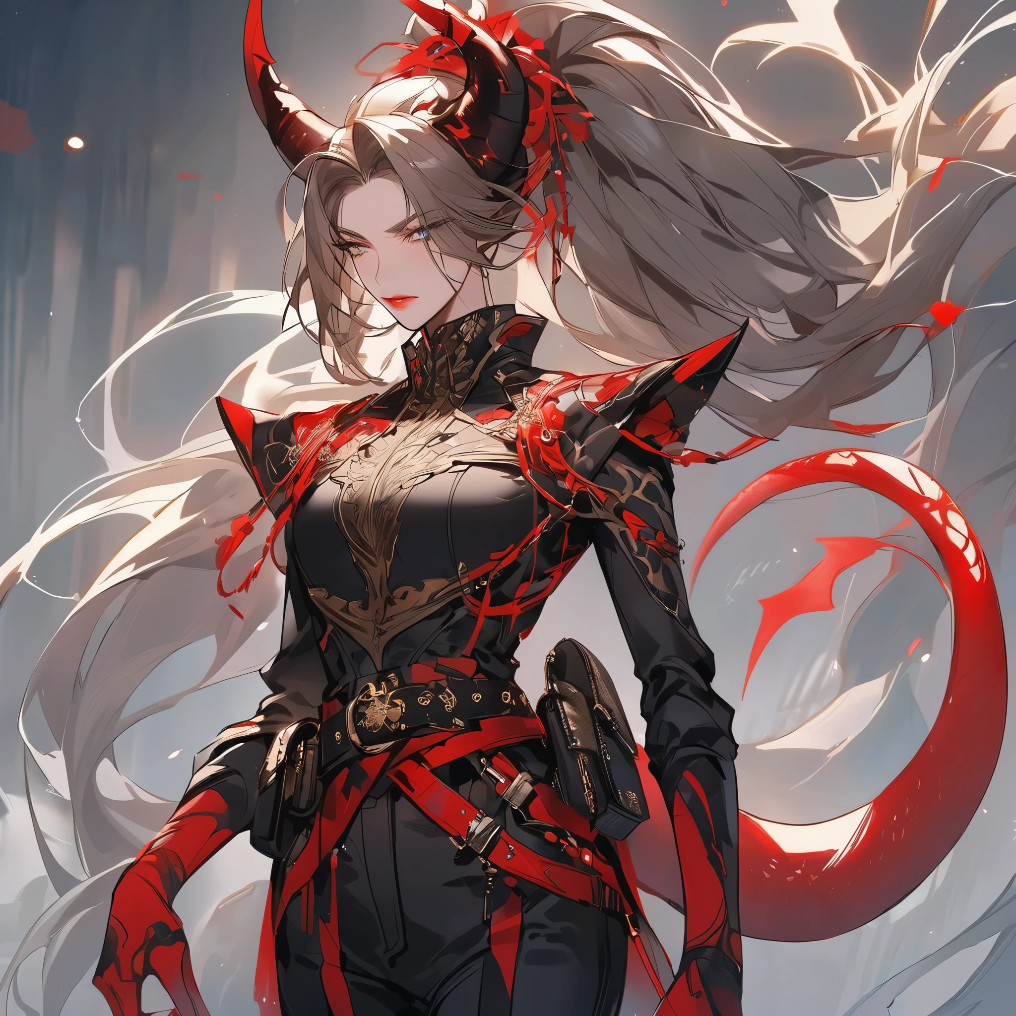 Tall woman, strict calm expression, brunette, hair gathered in a high ponytail, strands on the sides, red and black fit military's clothes, blue and golden eyes, many red details, dragon tail and horns, belts, pants, light lipstick