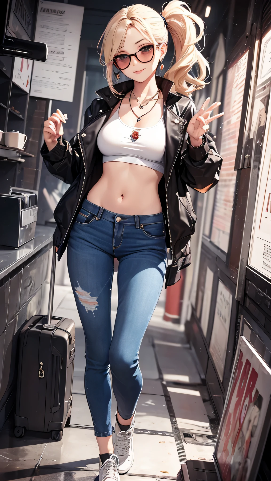 最high quality、best image quality、masterpiece、girl((20-year-old、 By becoming、vest bust、medium bust,wide open breast tea、shining eyes, blonde、long hair、thin,highest valley、ponytail、sunglasses、denim pants、white shirt、Jeans、smile、full body tattoo,diamond earrings、Wristband、necklace,bubble gum、yankee pose)),high quality、beautiful art、background((black room))、Flight、debris flies、Depth of written boundary、movie、visual art、perfect art、8k,genuine、