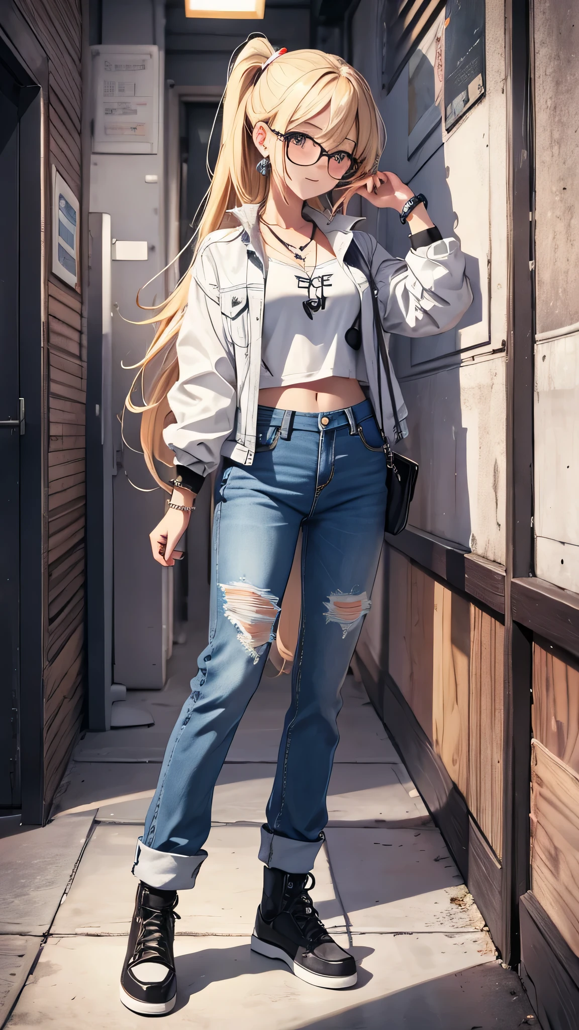 最high quality、best image quality、masterpiece、girl((20-year-old、 By becoming、vest bust、medium bust,wide open breast tea、shining eyes, blonde、long hair、thin,highest valley、ponytail、sunglasses、denim pants、white shirt、Jeans、smile、full body tattoo,diamond earrings、Wristband、necklace,bubble gum、yankee pose)),high quality、beautiful art、background((black room))、Flight、debris flies、Depth of written boundary、movie、visual art、perfect art、8k,genuine、