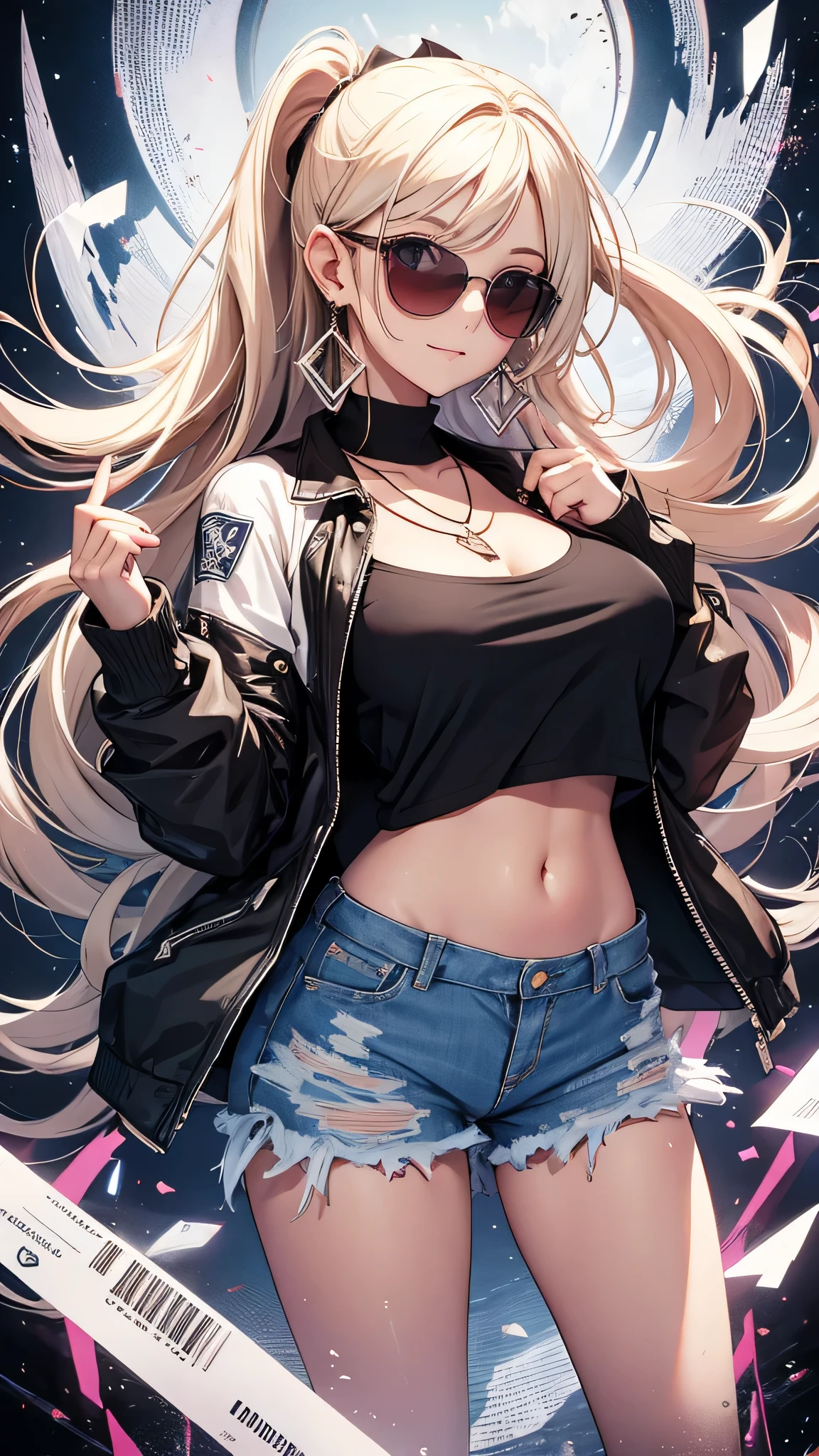 最high quality、best image quality、masterpiece、girl((20-year-old、 By becoming、vest bust、medium bust,wide open breast tea、shining eyes, blonde、long hair、thin,highest valley、ponytail、sunglasses、denim pants、white shirt、Jeans、smile、full body tattoo,diamond earrings、Wristband、necklace,bubble gum、yankee pose)),high quality、beautiful art、background((black room))、Flight、debris flies、Depth of written boundary、movie、visual art、perfect art、8k,genuine、