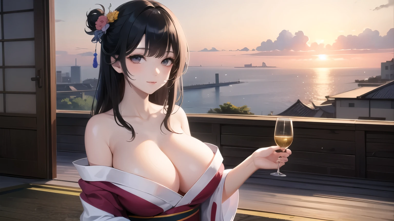 (((masterpiece, best quality))), (((superior quality))), cute girl, ((extremely detailed girl)), (huge breasts), (yukata), (bare shoulders), strapless top, slight smile