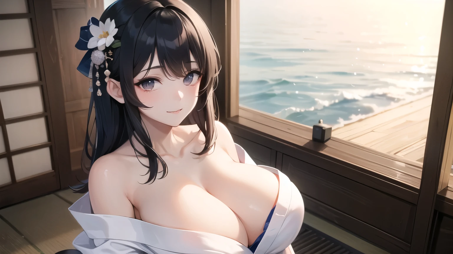 (((masterpiece, best quality))), (((superior quality))), cute girl, ((extremely detailed girl)), (huge breasts), (yukata), (bare shoulders), strapless top, slight smile