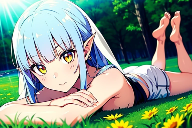 (1girl:1.5), (masterpiece), anime, fortune teller, solo, female, looking up, pointy ears, jewelry, long hair, princess, earrings, white hair, veil, hair ornaments, nice detailing, medium breast, (detailed eyes, yellow eyes:1.2), (beautiful background, sunlight:1.4), flowers in background, gold details, (bright face:1.3), melancholic, medium view, dynamic pose, water, lake, partially submerged, submerged body, landscape, forest background, [feet], (lying down, dynamic view, dynamic pose:1.1), full body, anime style