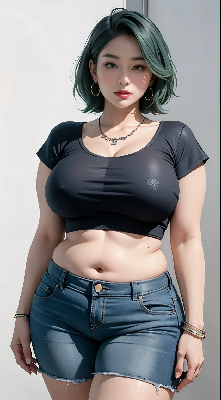 photorealistic, high resolution, soft light,1women, solo, wide hips, (detailed face),tattoo, jewelry, , , blue and green hair Color , (closeup), wide angle,, (busty), armpit , Slightly fat belly, large breasts, full body angle, 40 years old woman , thick thighs , thick arms , standing in dark rooms, short pants, wearing a three bracelet, wearing two diamond necklace , wearing a watch, wearing airmax shoes , japanese goddess, wavyshort hairstyle, fat belly, thick fat belly, thick wide hips, thick arm, bbwchan, massive arm, full body,