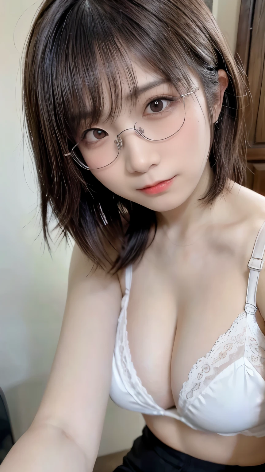 1 female,real,sexy,High definition,Highest image quality,dynamic angle,beautiful woman,upper body zoom,short bob hair,glasses,brown hair,looking at the viewer,20th generation,underwear,bra,Facing sitting position,It's inside,