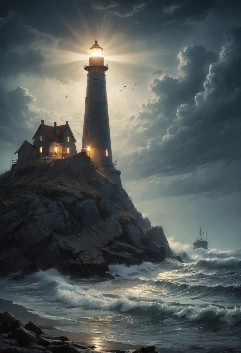 Lighthouse, by fritz lang, best quality, masterpiece, 8k, Representative work, official art, Professional, Ultra intricate detailed