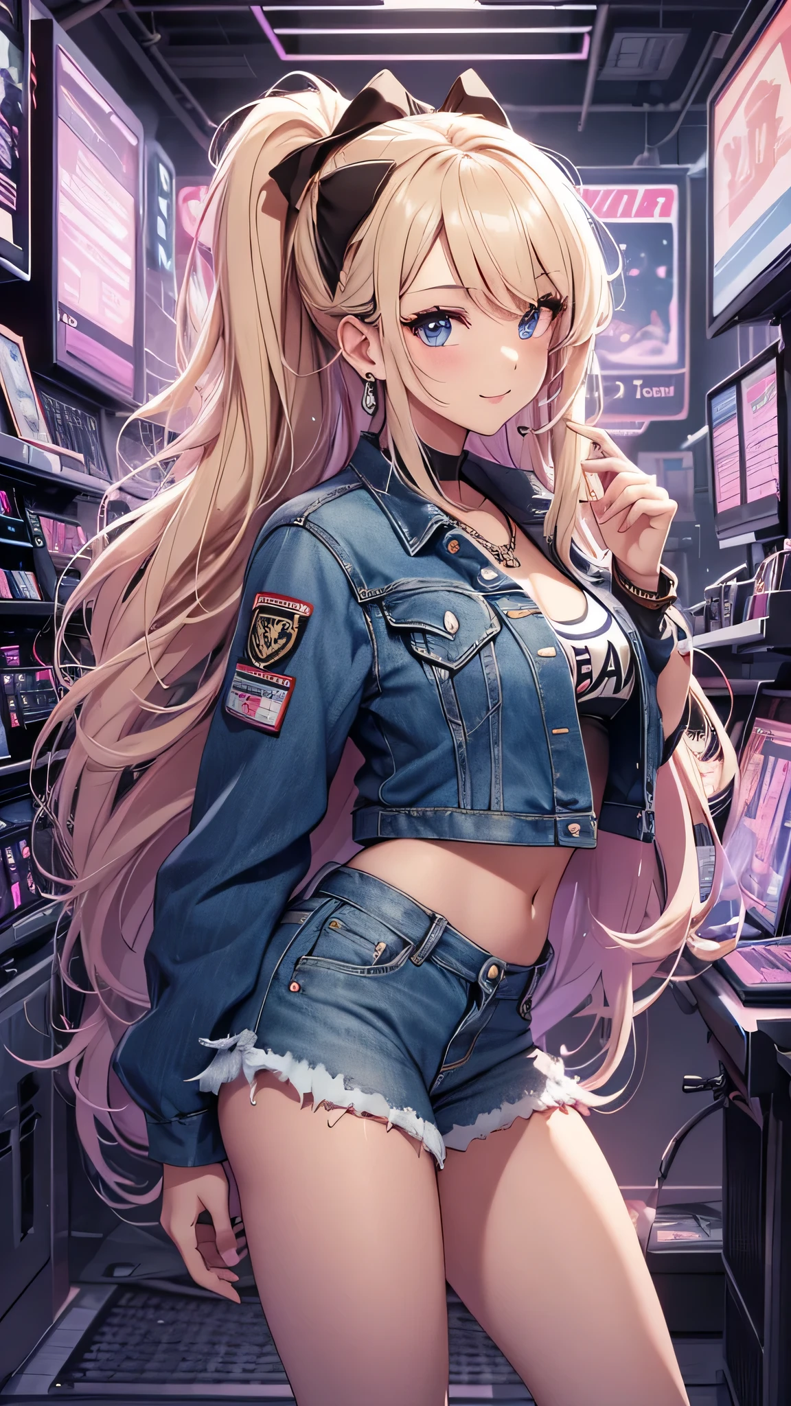 最high quality、best image quality、masterpiece、girl((20-year-old、 By becoming、vest bust、medium bust,wide open breast tea、shining eyes, blonde、long hair、thin,highest valley、ponytail、sunglasses、Damaged Denim Shorts、white shirt、Damaged Denim Jacket、smile、full body tattoo,diamond earrings、Wristband、necklace,bubble gum、yankee pose)),high quality、beautiful art、background((Hacker Room、underground、neon lighting))、Flight、debris flies、Depth of written boundary、movie、visual art、perfect art、8k,genuine、