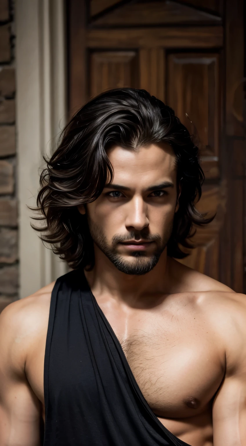 Jon Nieve, 20 years, Corte de pelo corto, pelo negro, intense blue eyes, mirada intensa, affiliate features, sin vello facial, Altura 1.93, Peso 90 kg, aesthetic muscular constitution, hombros anchos, cuerpo en forma de V, Tatuaje de lobo en la manga en el brazo derecho., enfoque de cuerpo completo, completamente sin pelo,