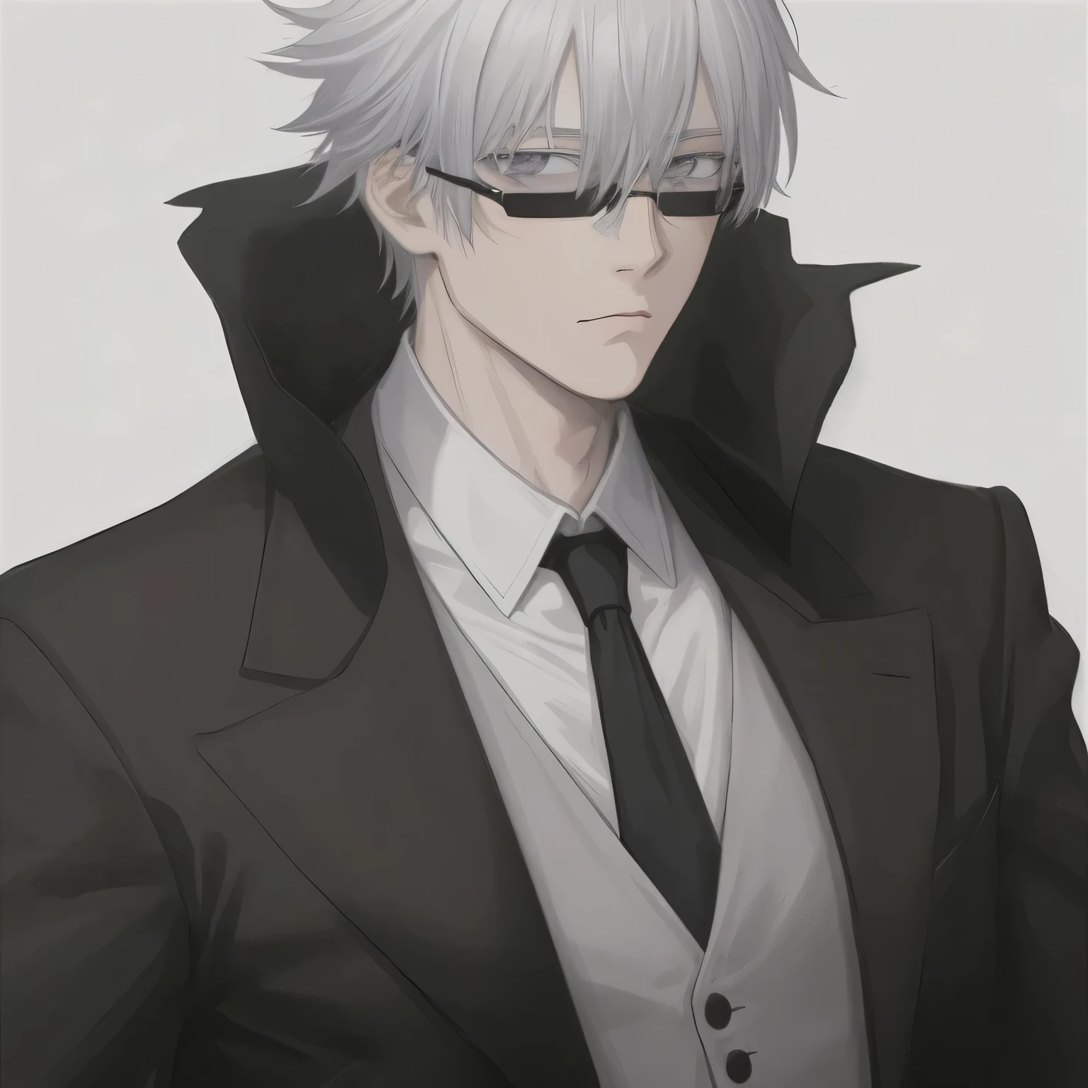 1boy, anime, gray_hair, black_eyes, six_pack, stern, black_coat, black_tie, white_shirt, black_aviators, white_background, looking_at_viewer