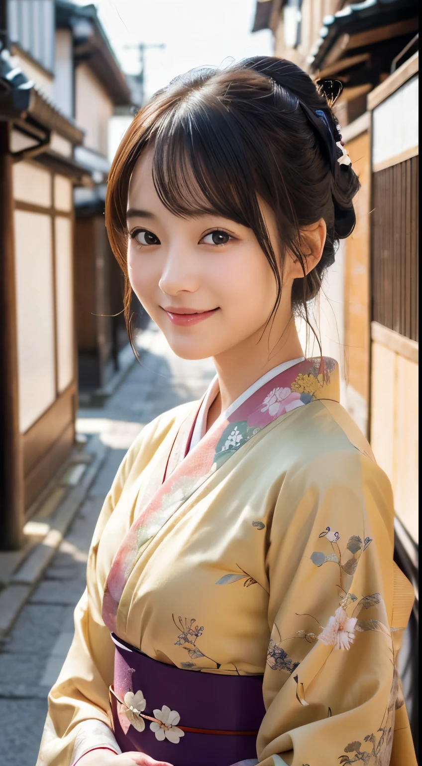 professional lighting,(Photoreal:1.4), (Top image quality:1.0), (超A high resolution:1.0), 8k, Raw photography, (masterpiece:0.2), (Pueros face_v1:0.5)、(最高quality Detail:1.2)、realistic、8k UHD、High resolution、(1 girl:1.2)、超detailedな、High quality textures、intricate details、detailed、Very detailed CG、High quality shadows、detailed 美しく繊細な顔、Beautiful details and delicate eyes、(symmetrical eyes:1.2),Depth of the bounds written、ray tracing,1 girl, japanese girl, (natural smile:1.4),cute, thin, Portrait of a beautiful Japanese woman wearing a kimono, Standing elegantly on a street corner in Kyoto. A kimono with bright traditional patterns, Hair decorated with an elegant and delicate hairpin, and a gentle expression. (Against the backdrop of the old streets of Kyoto:1.4)、soft light on a spring afternoon、adds tranquility to the scene. Rendered in a realistic style with great attention to detail, High resolutionの画像.sky porn, magic hour, (realistic:1.3), finely, quality, (table top:1.2), (realistic:1.2), (最高quality), (複雑なdetailed), dramatic, ray tracing, photograph, +roller