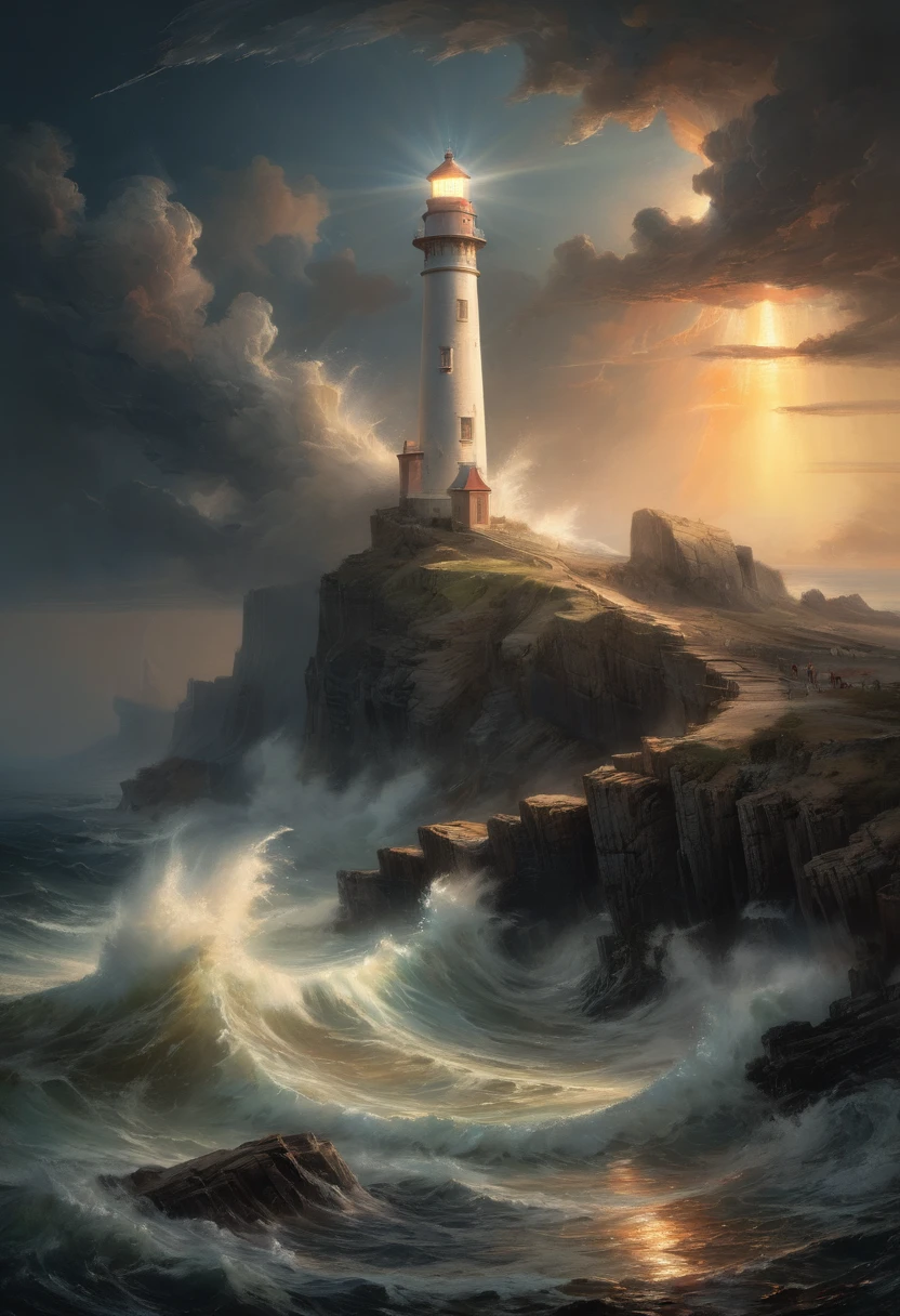 Lighthouse, by John Martin, best quality, masterpiece, 8k, Representative work, official art, Professional, Ultra intricate detailed