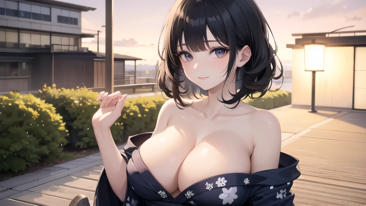 (((masterpiece, best quality))), (((superior quality))), cute girl, ((extremely detailed girl)), (huge breasts), (yukata), (bare shoulders), strapless top, slight smile