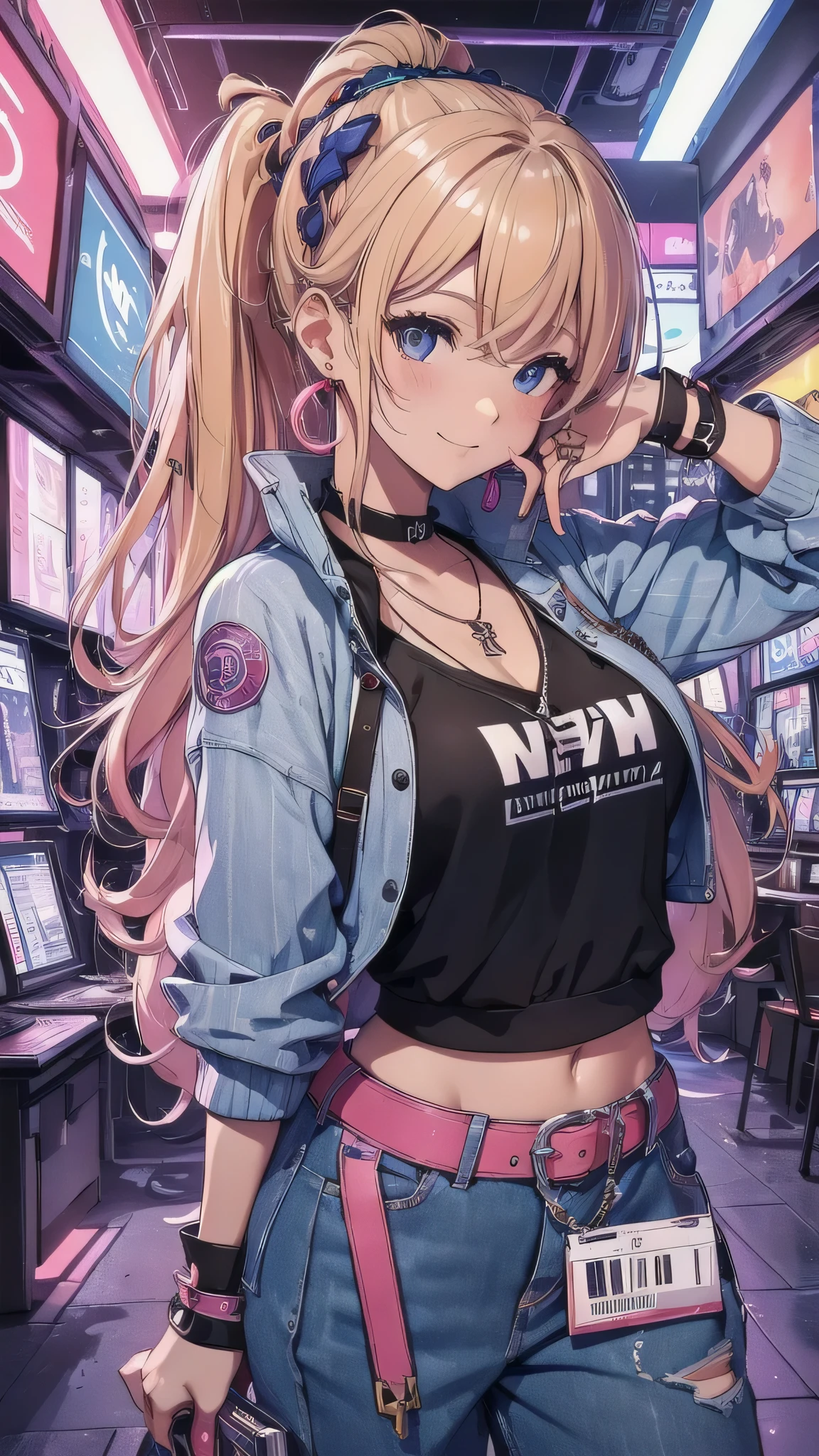 最high quality、best image quality、masterpiece、girl((20-year-old、 By becoming、vest bust、medium bust,wide open breast tea、shining eyes, blonde、long hair、thin,highest valley、ponytail、Damaged Denim Shorts、black navel bra、Damaged Denim Jacket、smile、full body tattoo,diamond earrings、Wristband、necklace,bubble gum、yankee pose)),high quality、beautiful art、background((Hacker Room、underground、neon lighting))、Flight、debris flies、Depth of written boundary、movie、visual art、perfect art、8k,genuine、