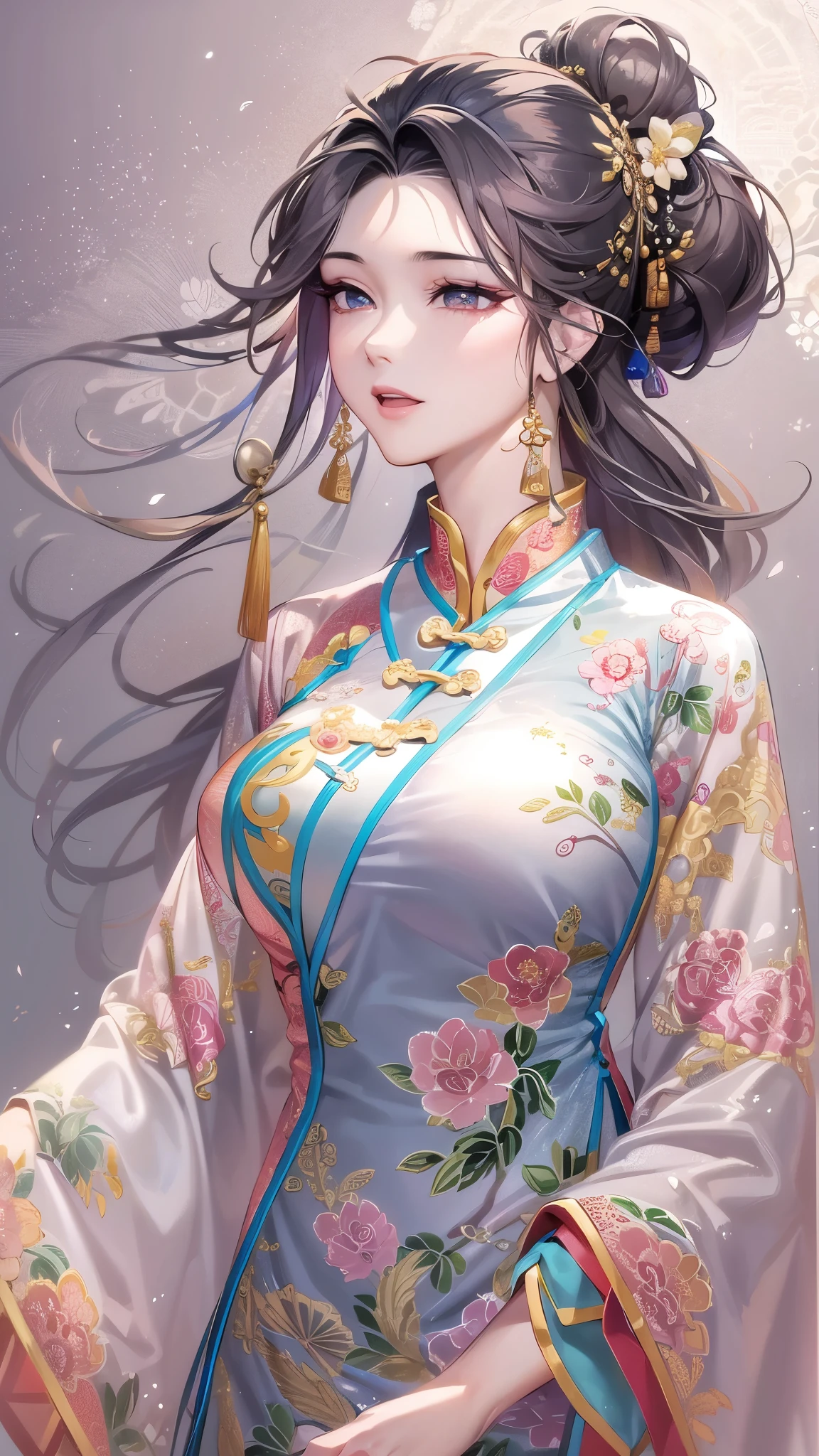 ((highest quality)),(ultra high resolution),(Super detailed),(detailed description),((best CG)),(best work of art),super precision art,amazing drawing art,(Chinese style art with precise details:1.5), (woman:1.6),(beautiful and well-shaped face:1.7),(A cheongsam dress with intricate patterns that are intricately detailed.:1.5),(Shiny and flowing hair:1.6),(natural makeup:1.6),Beautiful leg lines:1.3,calmness,calm