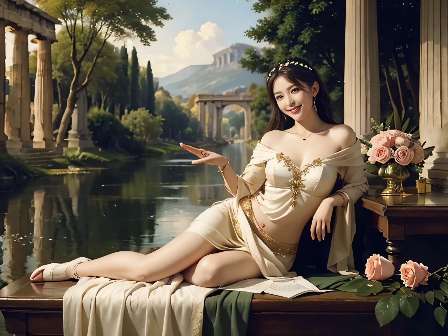Giorgione painting style,Arguments of two female P、roses in vase、fruits、Cute trinkets、smile、ancient greek costume、Background is a forest lake at night 、Clothes that stretch your shoulders、A big smile、beautiful bare skin,Woman singing with sheet music