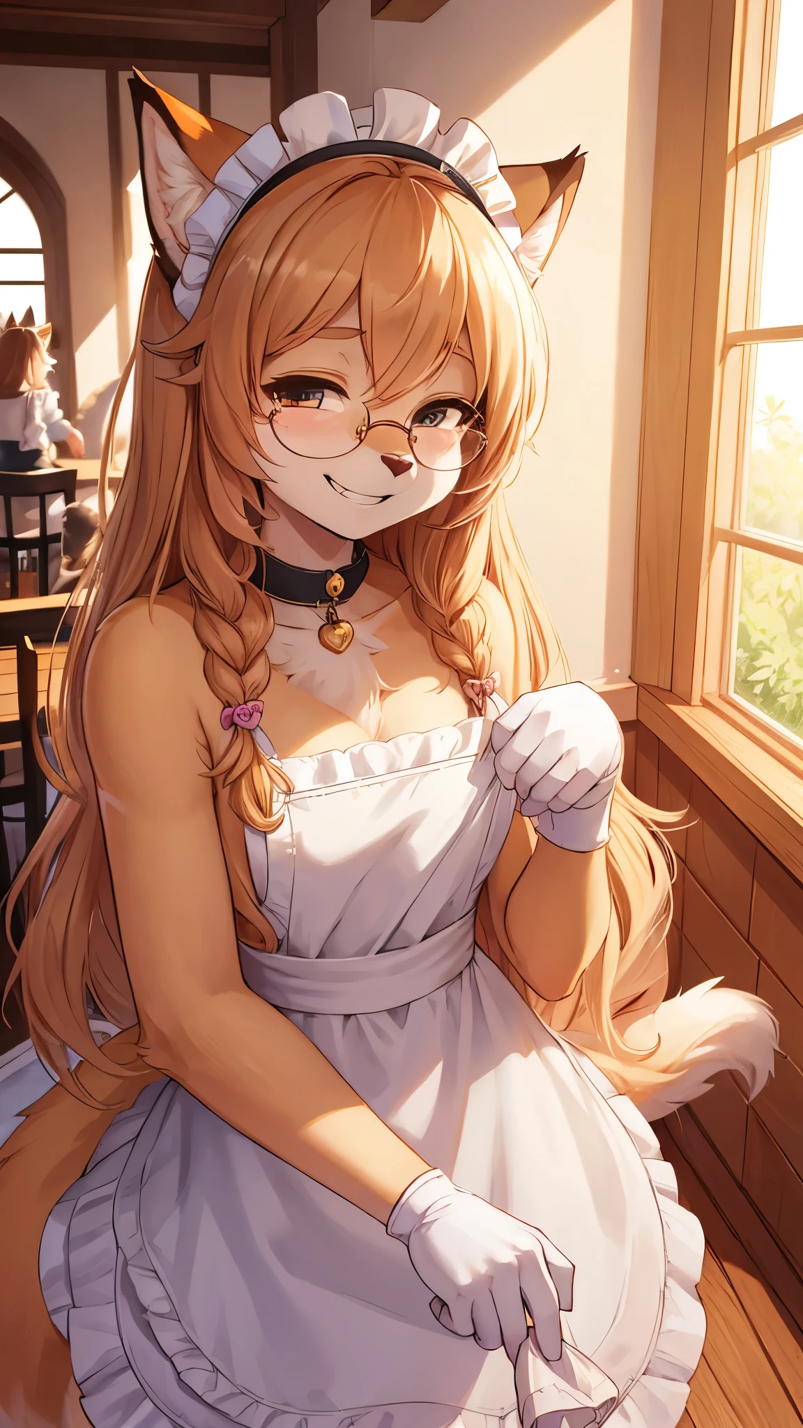 best quality,best resolution,(fluffyanthro furry :1.6),(young :1.6),rabbit girl,small breasts,pink eyes,glistering eyes,sparkle eyes,light yellow long hair,wavy hair,messy hair,light yellow rabbit ears,light blue rabbit tail,light yellow fur,naked,white naked apron,raffles,glasses,beautiful coffee cafe,white light,looking at viewer,full face blush,sexy face,sexy smile,heart eyes,heart expression eyes,close eyes,straddle viewer,girl on top,fiercely sex,brutal sex,viginal sex,viewer fucking girl pussy,viewer dick inside girl pussy,plenty pussy juice,orgasm,squirting,plenty cumming in pussy,plenty cum splash,plenty cum dripping,sweating,very hot,heavy breath,steam around girl,steam surrounded,hands on viewer,rense pose,armpits fur,drool,satisfied scream,two eyes closed