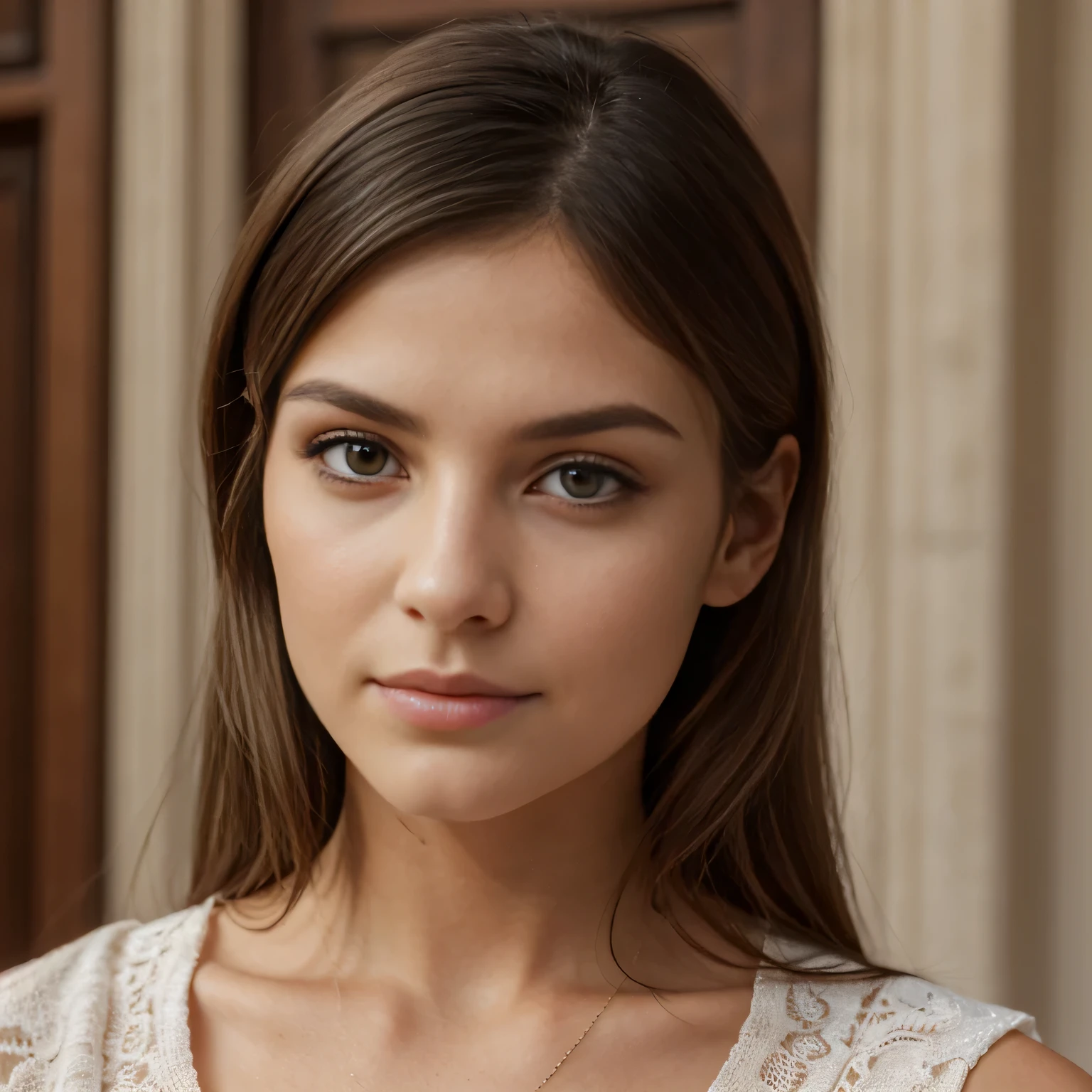 visage belle jeune fille italienne brun clair, Longs cheveux bruns, perfect detailed face, perfect detailed nose, perfectly detailed lip, perfect detailed chin. perfect detailed hand, perfect detailed finger, porter une robe moulante attire sans effort, high resolution, extremely detailed, peau avec pores, Realistic lighting, natural light, Selfie, visage naturel, Taupes, pose instagram, Influenceur, Low fidelity, imparfait