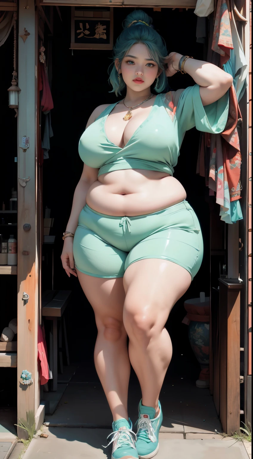 photorealistic, high resolution, soft light,1women, solo, wide hips, (detailed face),tattoo, jewelry, , , blue and green hair Color , (closeup), wide angle,, (busty), armpit , Slightly fat belly, large breasts, full body angle, 40 years old woman , thick thighs , thick arms , standing in dark rooms, short pants, wearing a three bracelet, wearing two diamond necklace , wearing a watch, wearing airmax shoes , japanese goddess, wavyshort hairstyle, fat belly, thick fat belly, thick wide hips, thick arm, bbwchan, massive arm, full body,