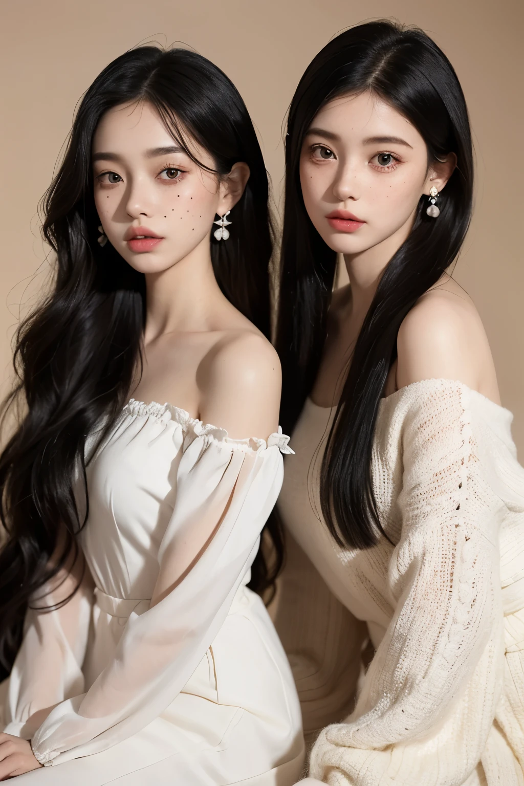 these two dolls are very pretty and very strange for a 2d picture, multiple girls, freckles, 2girls, looking at viewer, jewelry, black hair, lips, earrings, realistic, eyelashes, parted lips, long hair