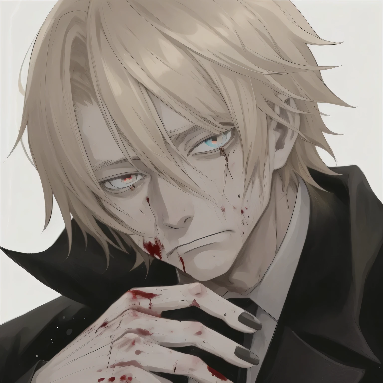 1man, anime, old_man, light_blonde_hair, indigo_eyes, wounded, bloody, sly, black_coat_with_gold_accents, white_shirt, white_background, looking_at_viewer