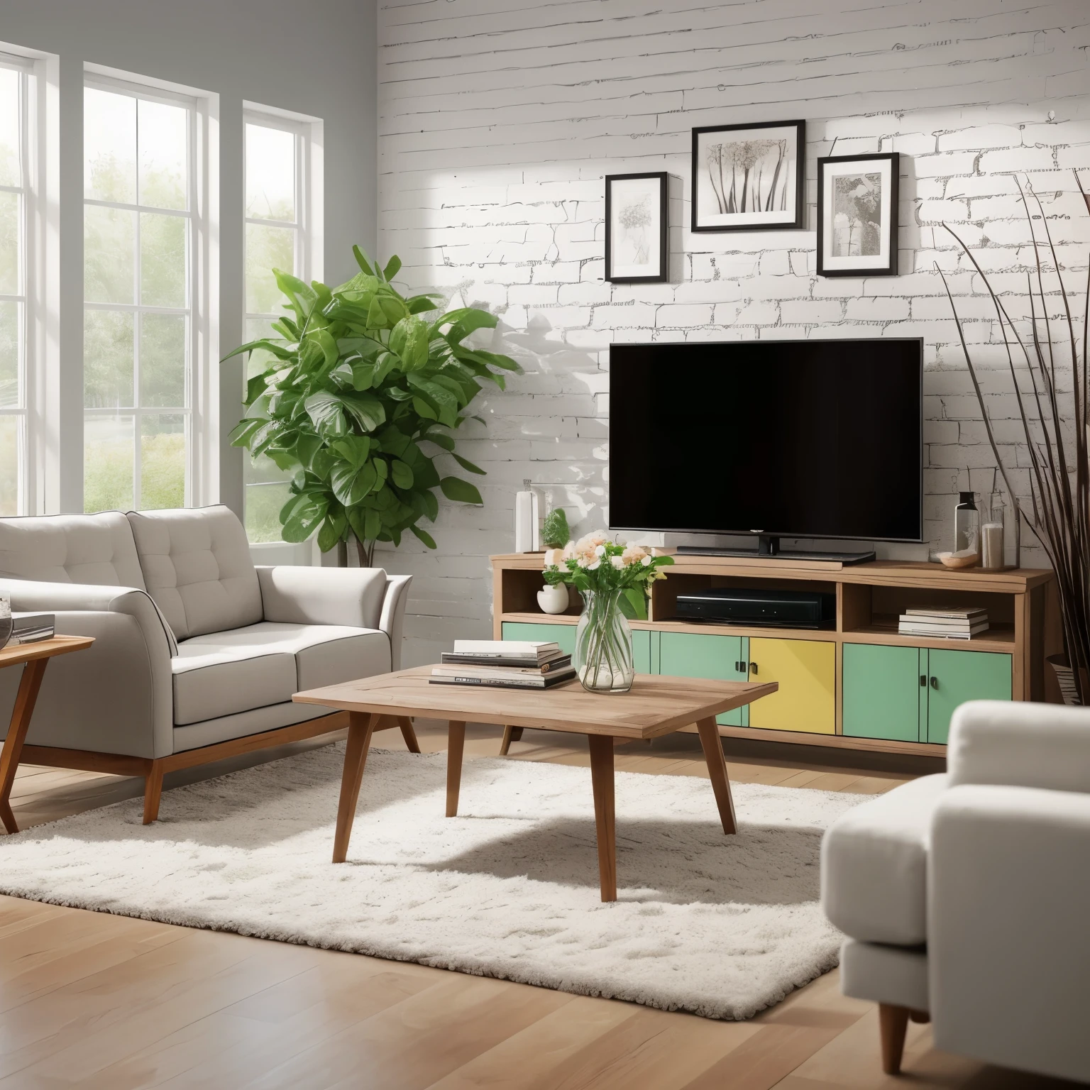 Based on the description, create a living room in a modern style in spring colors. There is a distinctive white decorative brick on the wall. Wooden slats as a decoration. Corner sofa, table with chairs, TV on the wall, living room furniture, decorations and flowers. Realistic photo, photorealism, minimalism