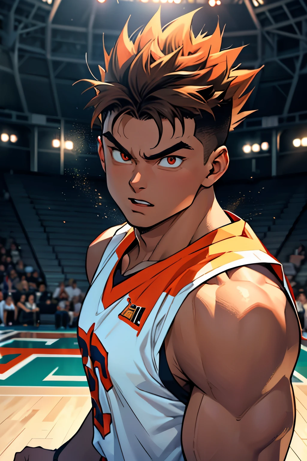An ultra detailed, high resolution portrait captures the essence of a basketball player with the awe-inspiring physique of Zion Williamson. However, his face and skin exhibit unique characteristics, featuring distinctive features and a slightly taller, more defined build. Inspired by the iconic character Cumber or Kanba, the malignant Saiyan from Dragon Ball, but with the hair of an ordinary person and European features, this masterpiece depicts the player mid-dunk, exuding a resolute gaze and an aura of unwavering confidence. The meticulously rendered background beautifully recreates the atmosphere of a professional basketball court, complete with stands brimming with enthusiastic fans.