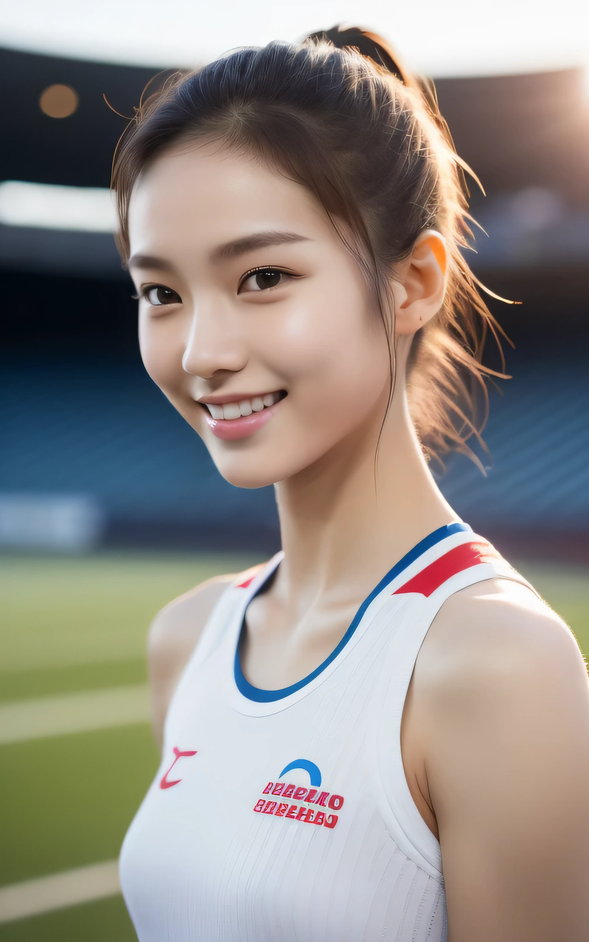 ((top quality、32k、A masterpiece of photography、ultra high resolution、Absolutely clear focus、focus eyes,Hasselblad photos)),1 real photography photo, ((seven point shot)),1 person,korean girl,18 years old,athlete,posture,smile slightly,Super cute,ponytail hairstyle,((White skin)),Round shoulders,((Shapely waist)),The skin details are absolutely exquisite,Absolutely detailed skin texture,textured skin,Light makeup,Bust 32 inches,Track and field uniform,((at the stadium)),sunset light,The sun shines on the face