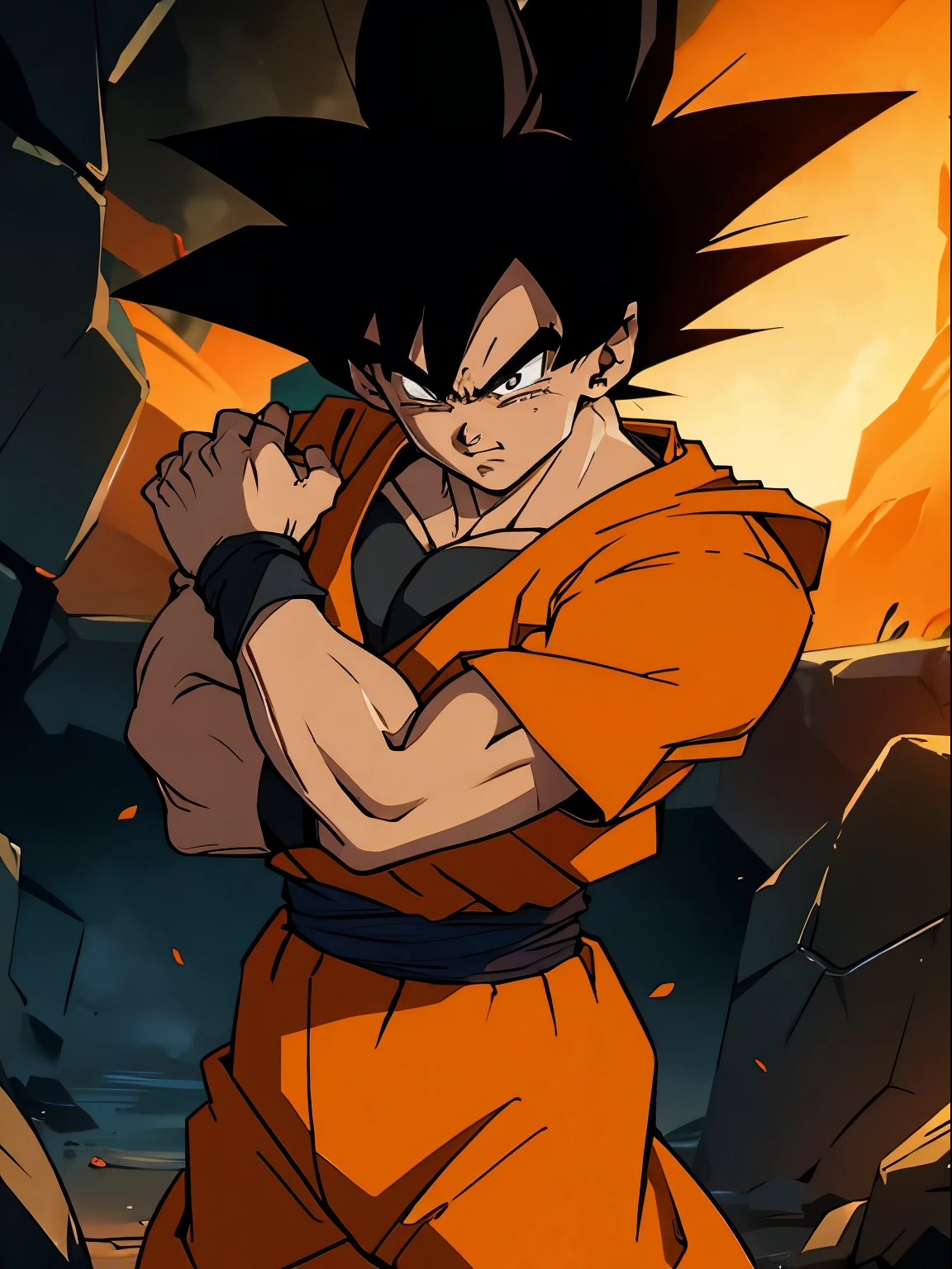 (masterpiece), best quality, ultra-detailed, Goku crying from Dragon Ball Z with spiky black hair, wearing orange clothes, Retro style, crying