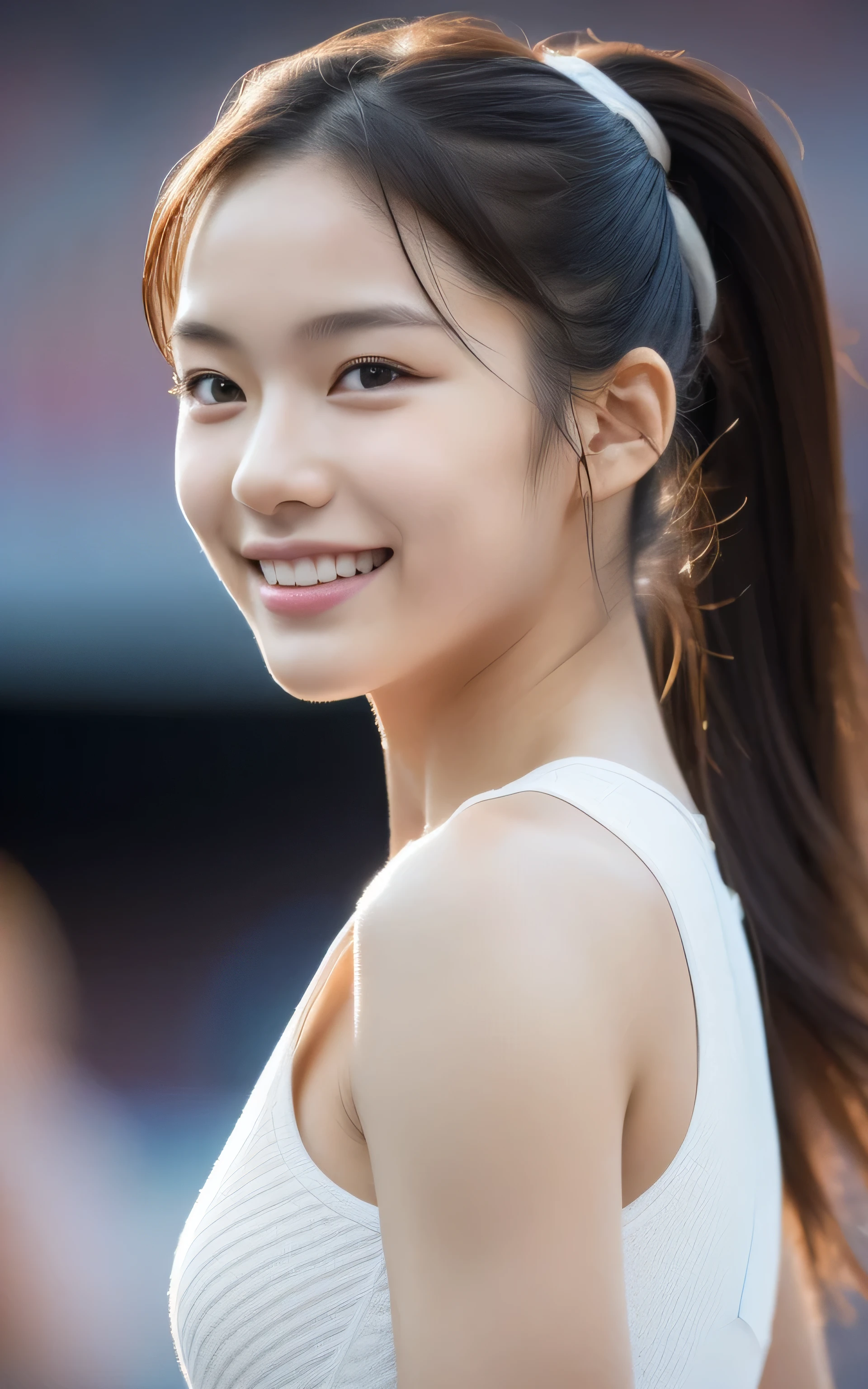 ((top quality、32k、A masterpiece of photography、ultra high resolution、Absolutely clear focus、focus eyes,Hasselblad photos)),1 real photography photo, ((Seven-point shot)),1 person,korean girl,18 years old,athlete,posture,smile slightly,Super cute,ponytail hairstyle,((White skin)),Round shoulders,((Shapely waist)),The skin details are absolutely exquisite,Absolutely detailed skin texture,textured skin,Light makeup,Bust 32 inches,Track and field uniform,((at the stadium)),sunset light,The sun shines on the face